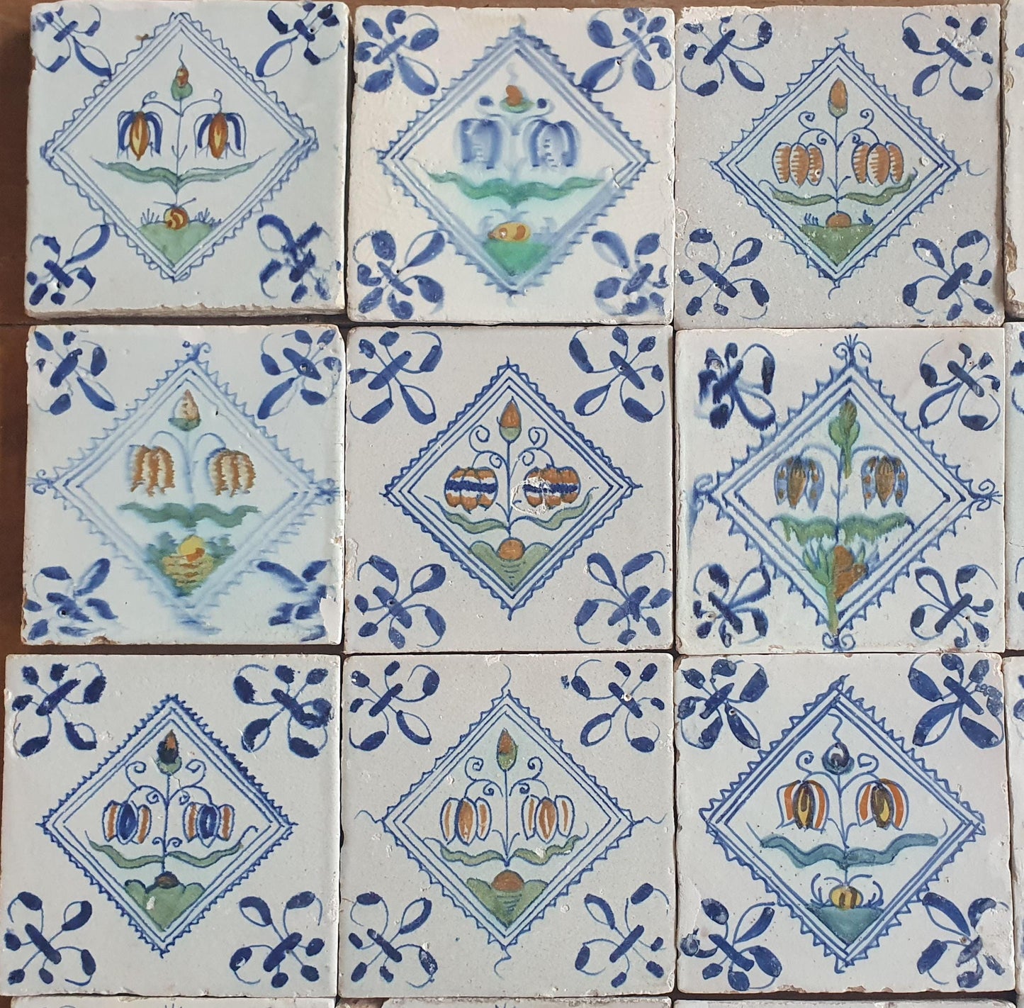 25 x Dutch Delft Blue Tilefield, Fritillary squared planttile , 17th century, tilepanel  antique collectable and backsplash fireplace kitchen tiles, Set of 25.