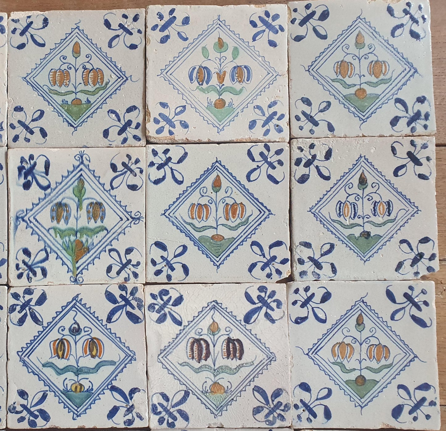 25 x Dutch Delft Blue Tilefield, Fritillary squared planttile , 17th century, tilepanel  antique collectable and backsplash fireplace kitchen tiles, Set of 25.