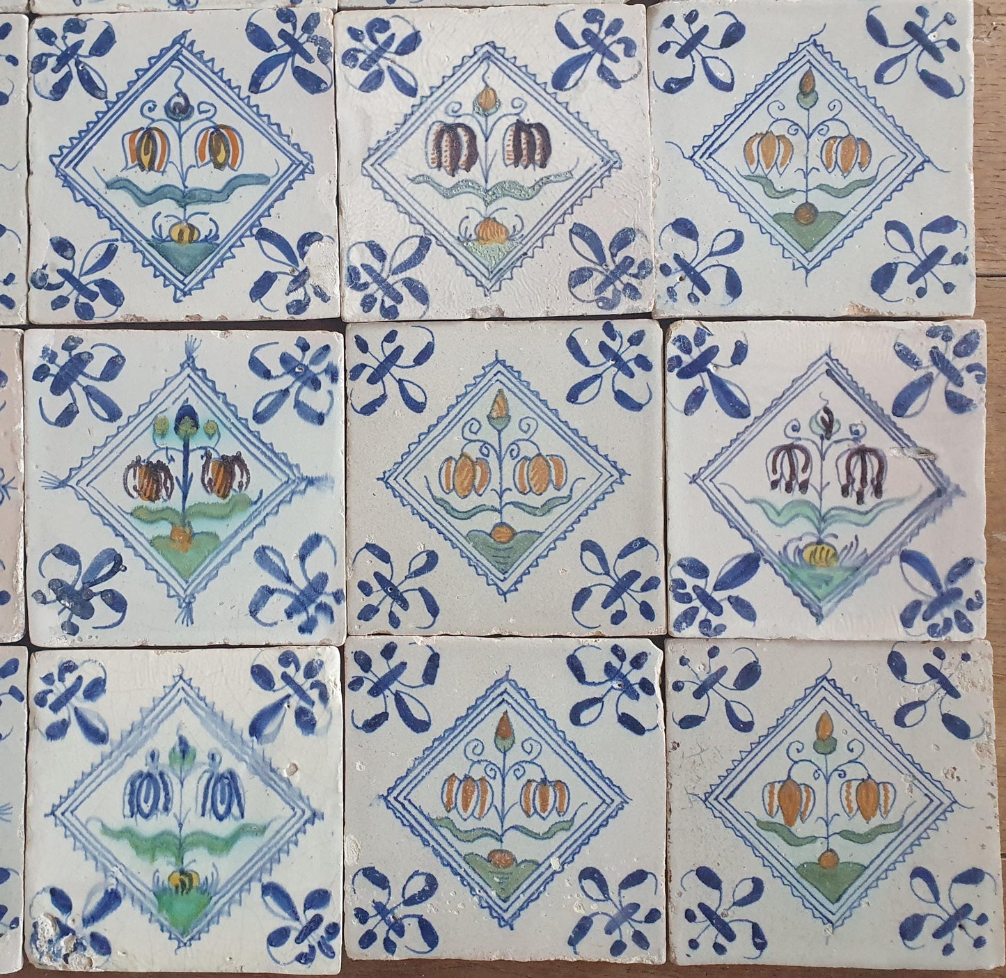 25 x Dutch Delft Blue Tilefield, Fritillary squared planttile , 17th century, tilepanel  antique collectable and backsplash fireplace kitchen tiles, Set of 25.