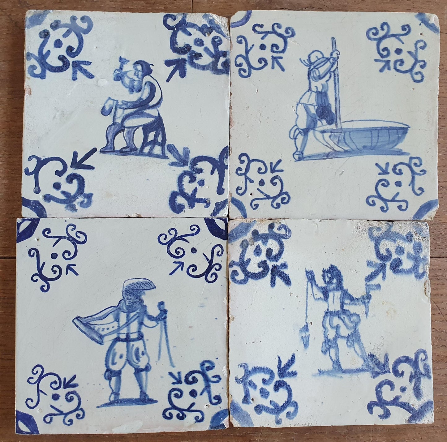 4 x Dutch Delft Blue Tiletableau, Crafts People, 17th century, antique collectable and backsplash fireplace kitchen tiles Set of 4