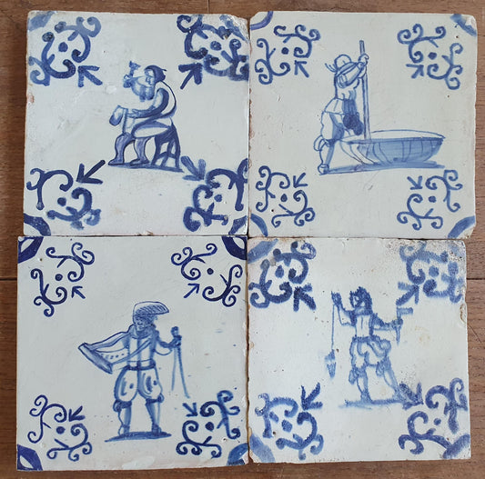 4 x Dutch Delft Blue Tiletableau, Crafts People, 17th century, antique collectable and backsplash fireplace kitchen tiles Set of 4