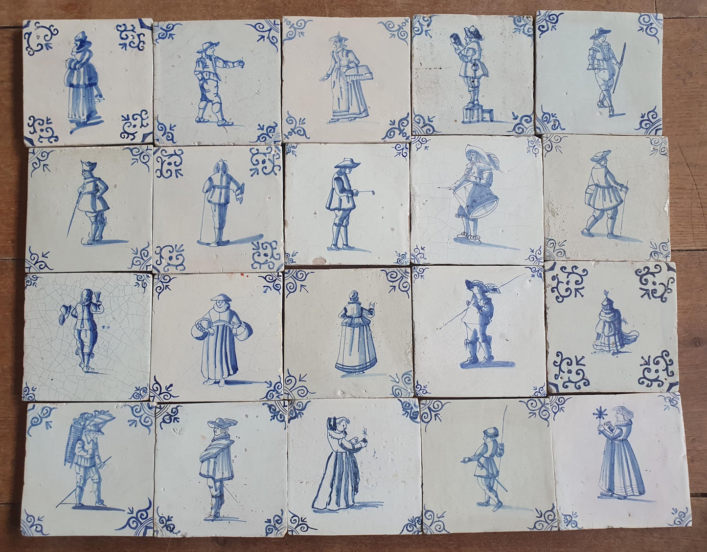 20 xDutch Delft Blue Tiletableau, Crafts People, 17th century, antique collectable and backsplash fireplace kitchen tiles Set of 20