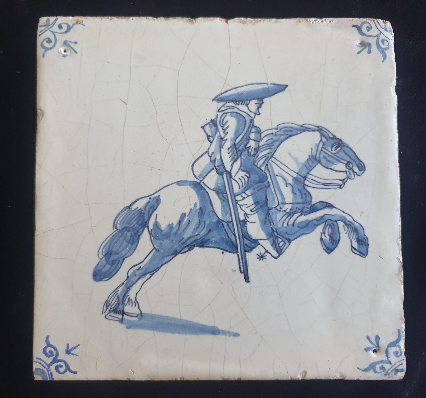 Dutch Delft Blue Tile, Horse rider, figuretile 17th century, antique collectable and backsplash fireplace kitchen tiles