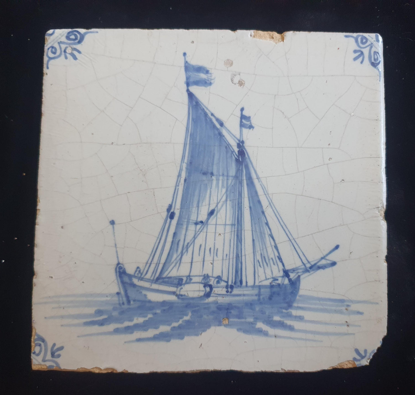 Dutch Delft Blue Tile, Sailing ship, shiptile 17th century, antique collectable and backsplash fireplace kitchen tile