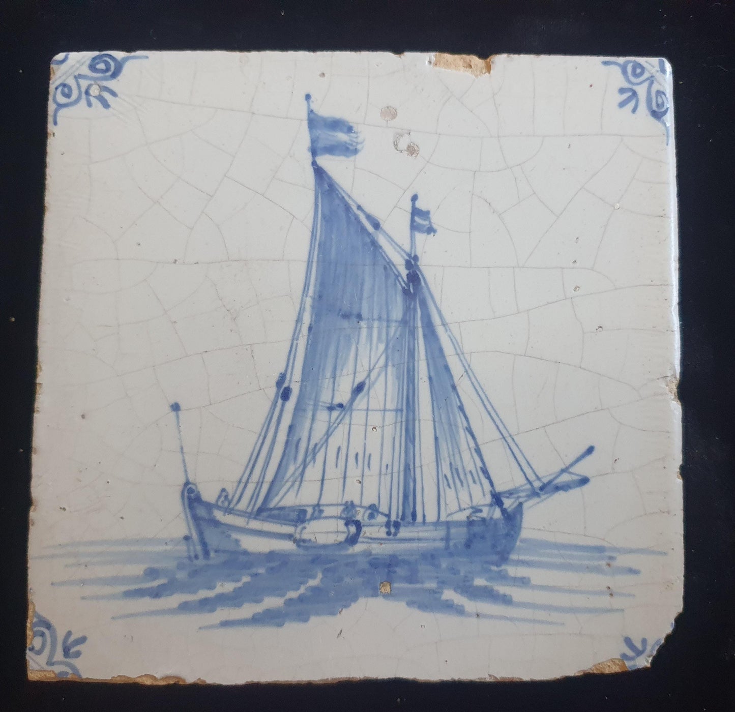 Dutch Delft Blue Tile, Sailing ship, shiptile 17th century, antique collectable and backsplash fireplace kitchen tile