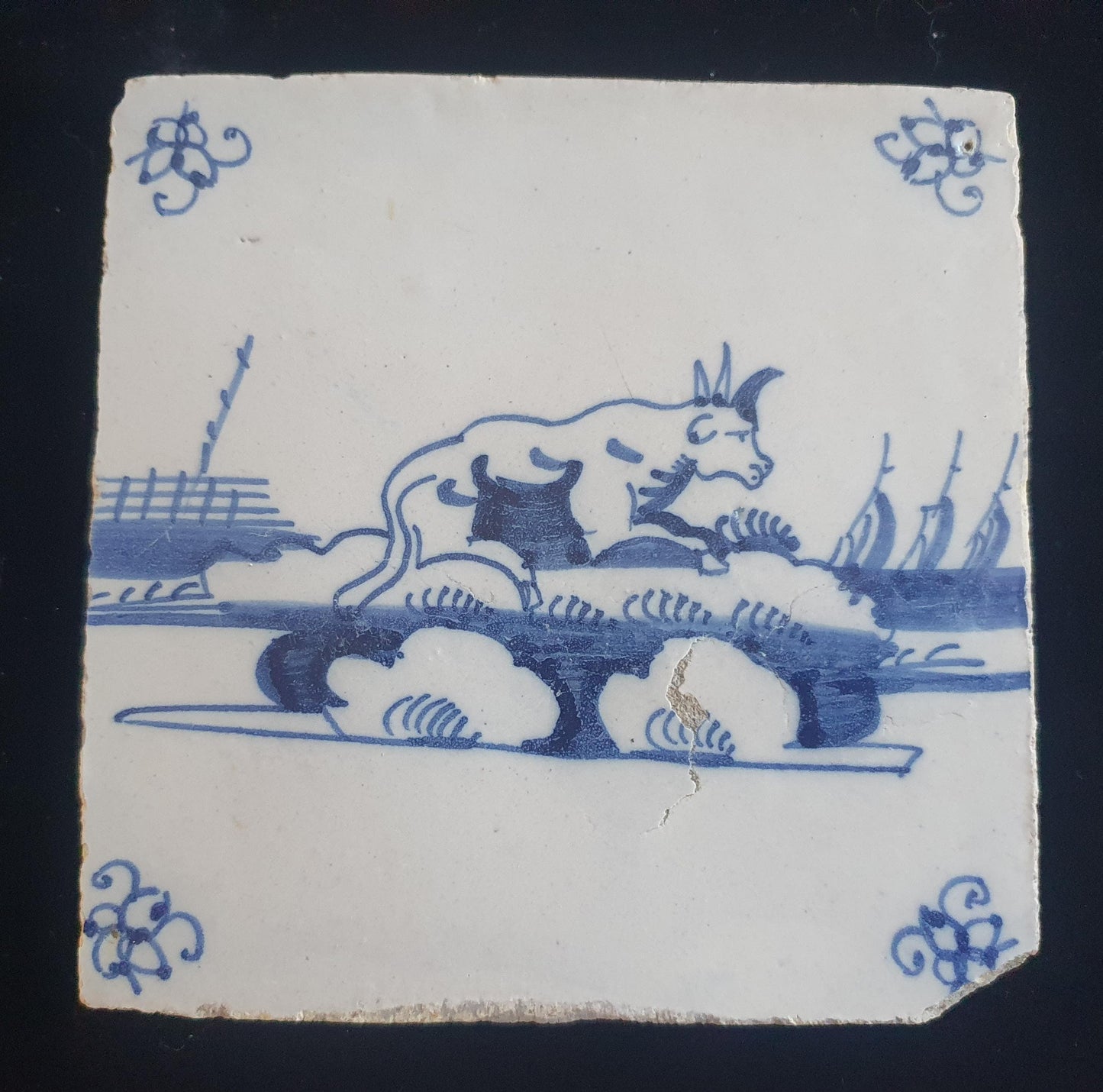 Dutch Delft Blue Tile, Cow, 18th century, landscapetile antique collectable and backsplash fireplace kitchen tiles