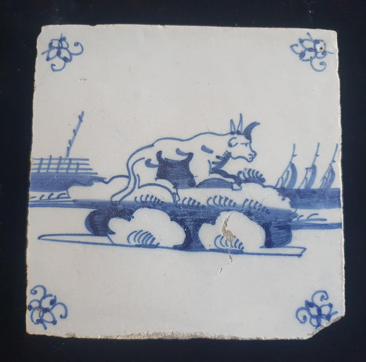 Dutch Delft Blue Tile, Cow, 18th century, landscapetile antique collectable and backsplash fireplace kitchen tiles