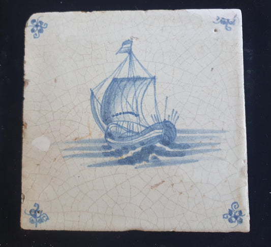 Dutch Delft Blue Tile, Sailing ship, 17th century, antique collectable and backsplash fireplace kitchen tile