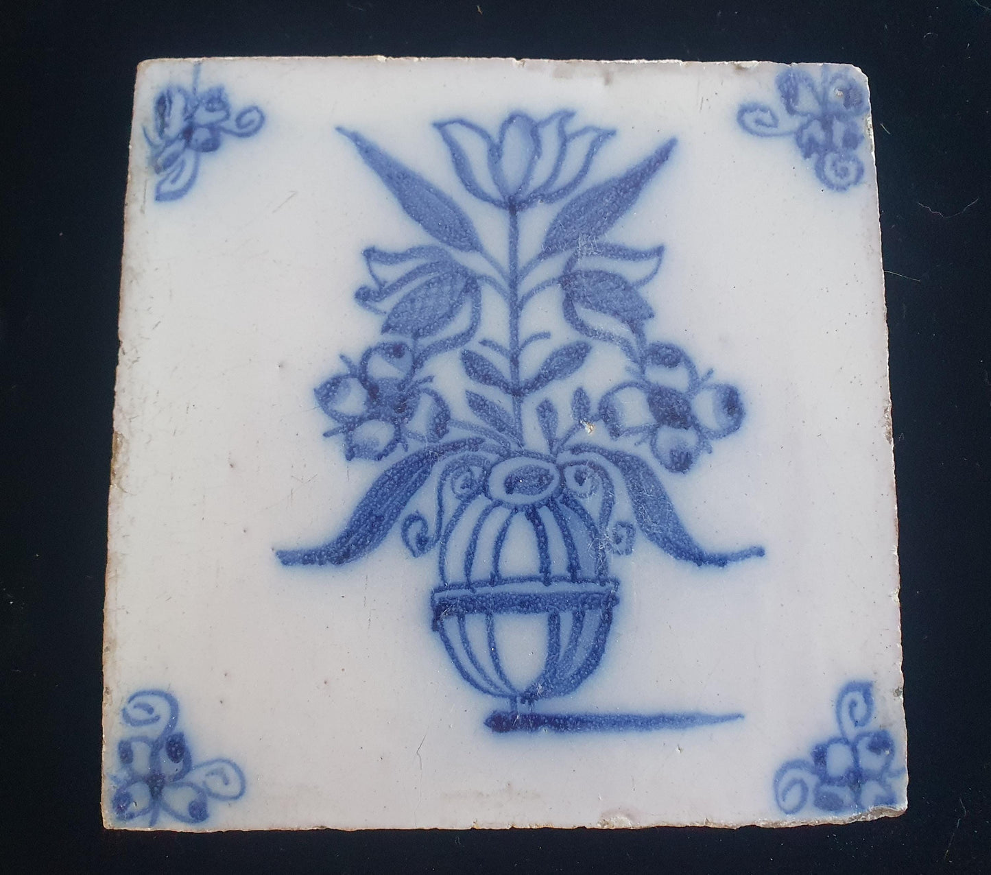 Dutch Delft Blue Tile, Flowerpot, 19th century, antique collectable and backsplash fireplace kitchen tiles
