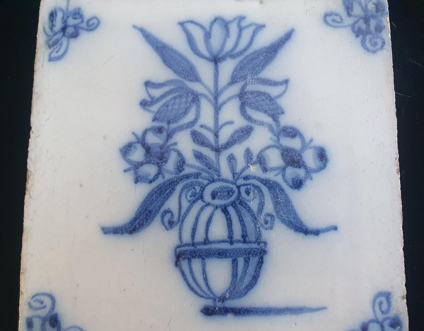 Dutch Delft Blue Tile, Flowerpot, 19th century, antique collectable and backsplash fireplace kitchen tiles