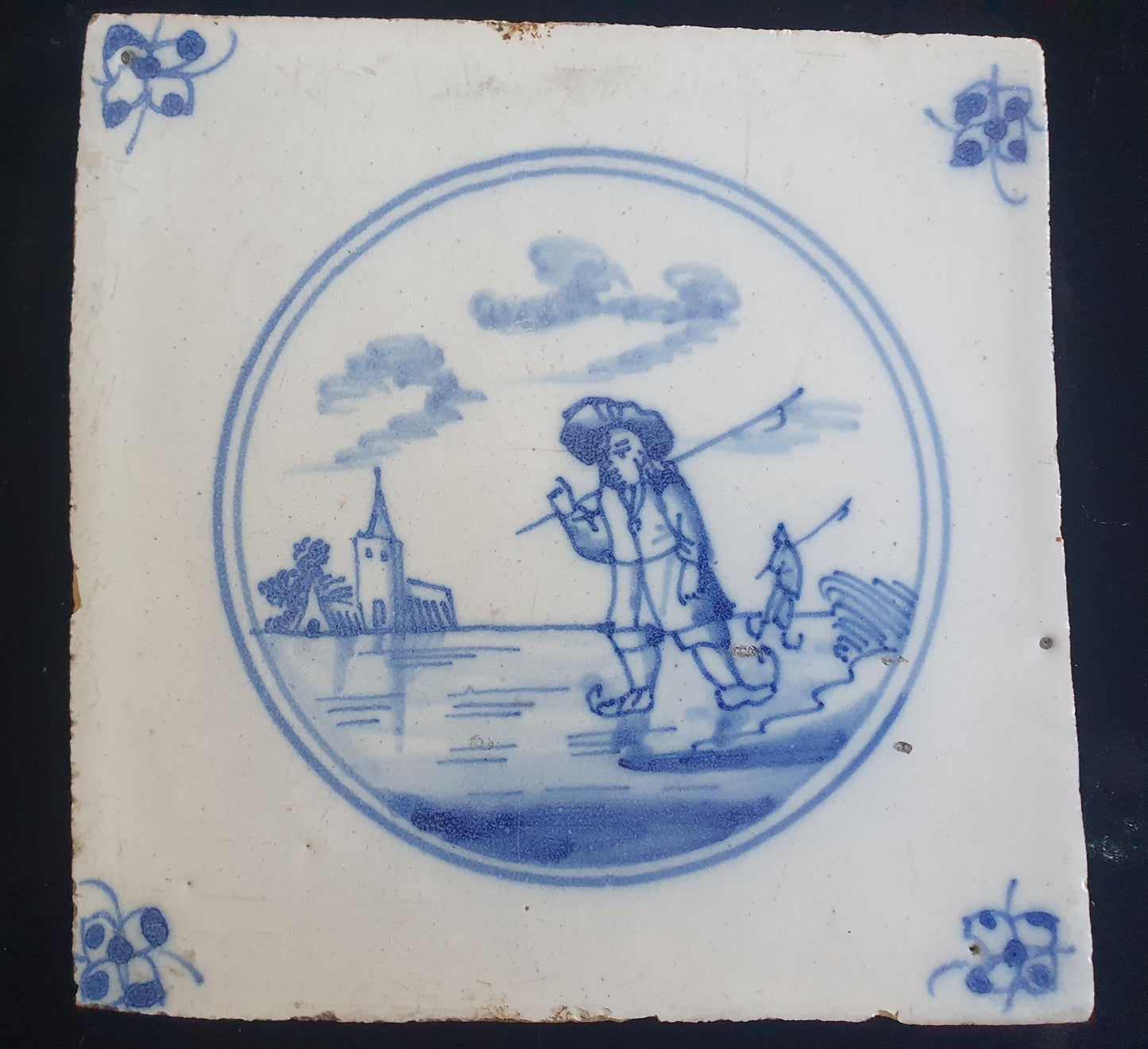 Dutch Delft Blue Tile, Skater, 19th century, antique collectable and backsplash fireplace kitchen tiles