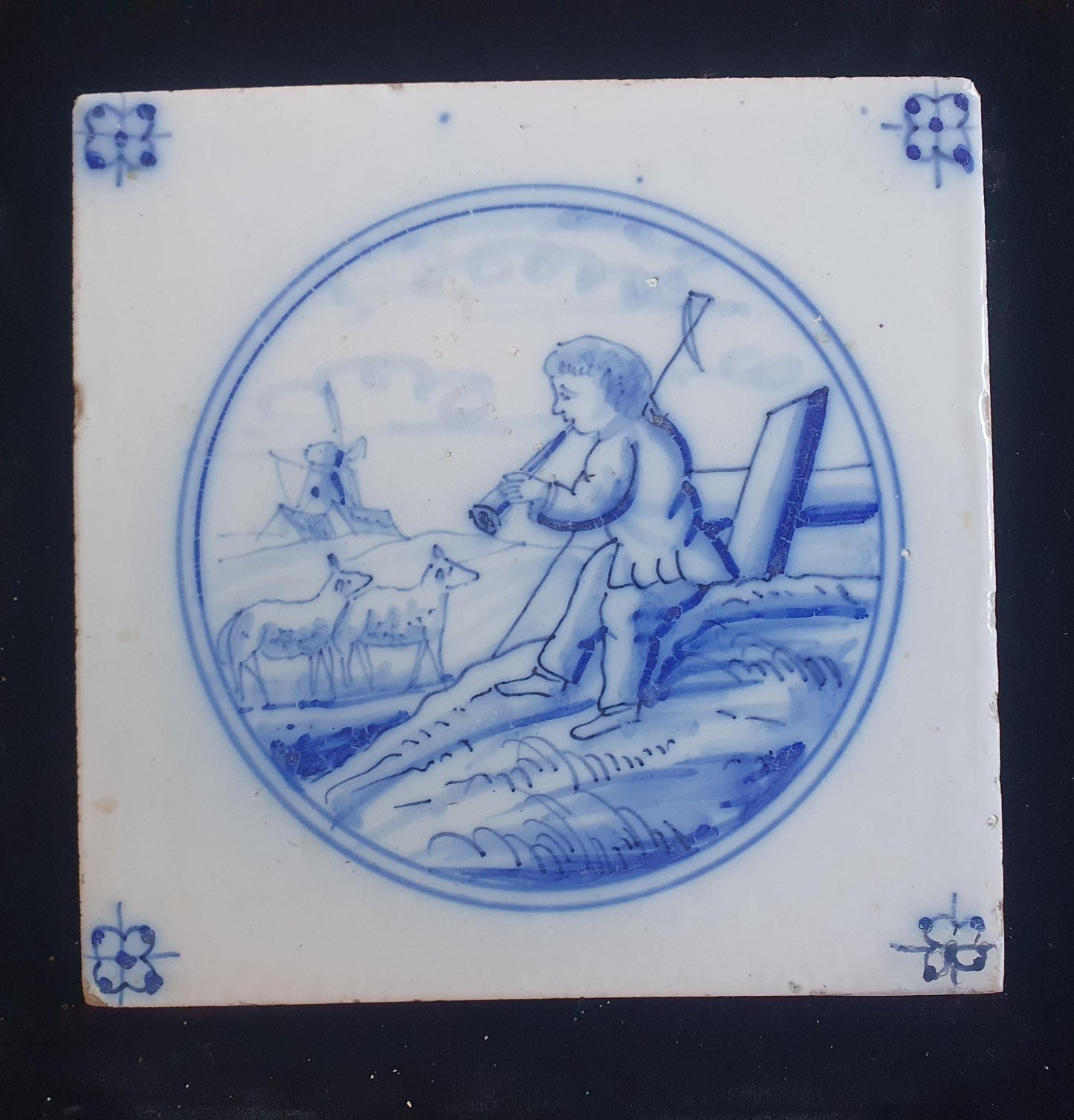 Dutch Delft Blue Tile, Music player, 19th century, antique collectable and backsplash fireplace kitchen tiles