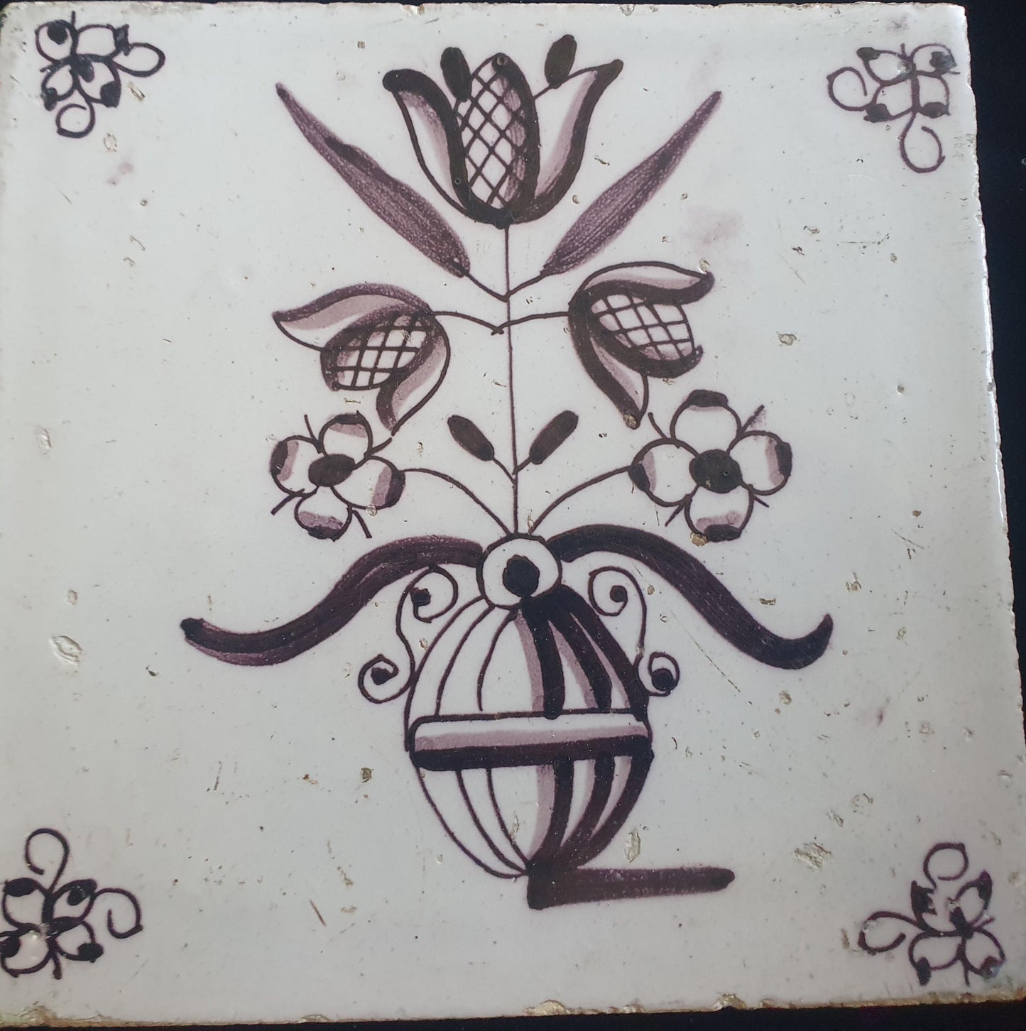 Dutch Delft Mangaan Tile, Flowerpot, 19th century, antique collectable and backsplash fireplace kitchen tiles