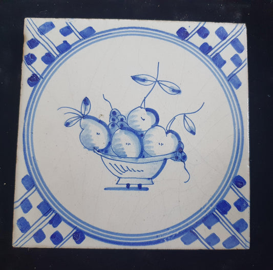 Dutch Delft Blue Tile, Fruit bowl, 19th century, antique collectable and backsplash fireplace kitchen tiles