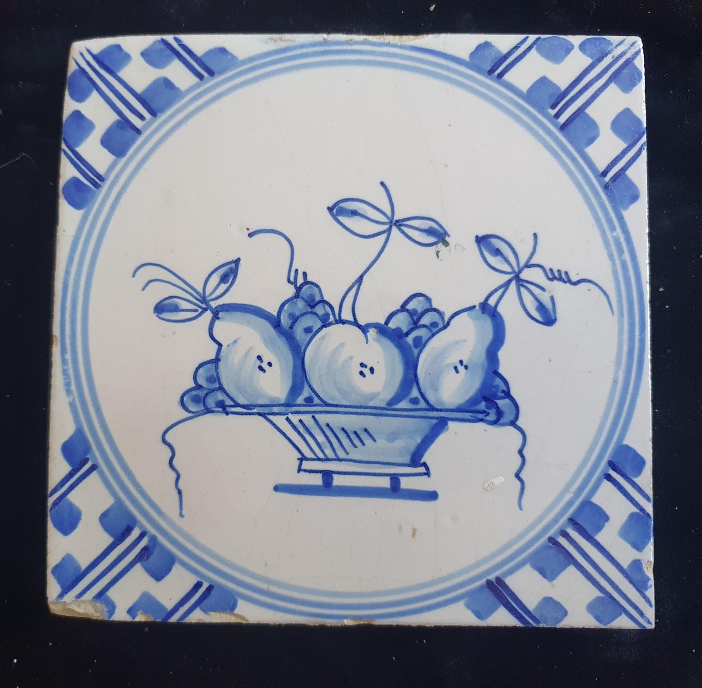 Dutch Delft Blue Tile, Fruit bowl, 19th century, antique collectable and backsplash fireplace kitchen tiles