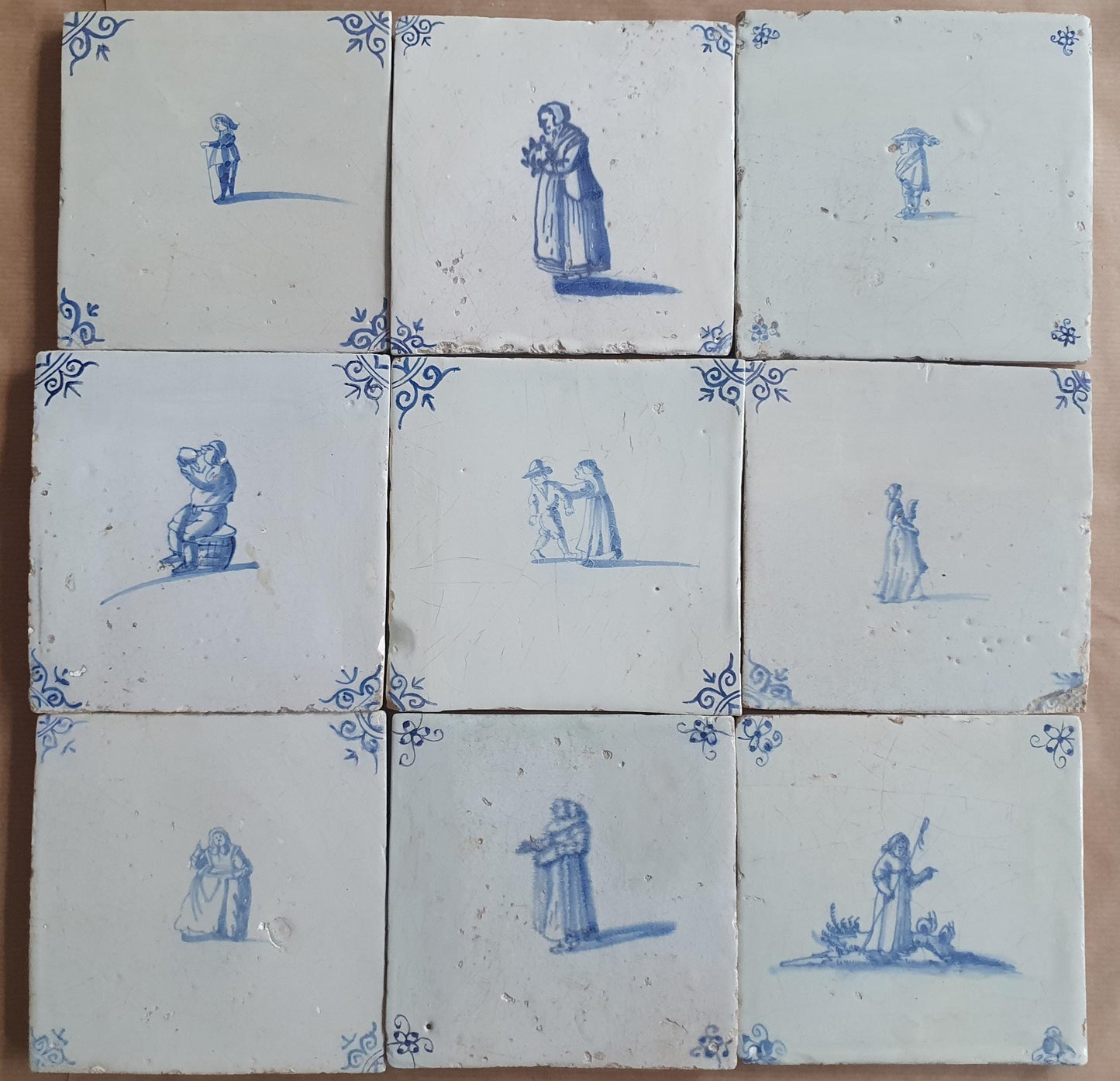 9 x Antique Delft tiles with People , tilepanel 17th Century Dutch Wall Decor,