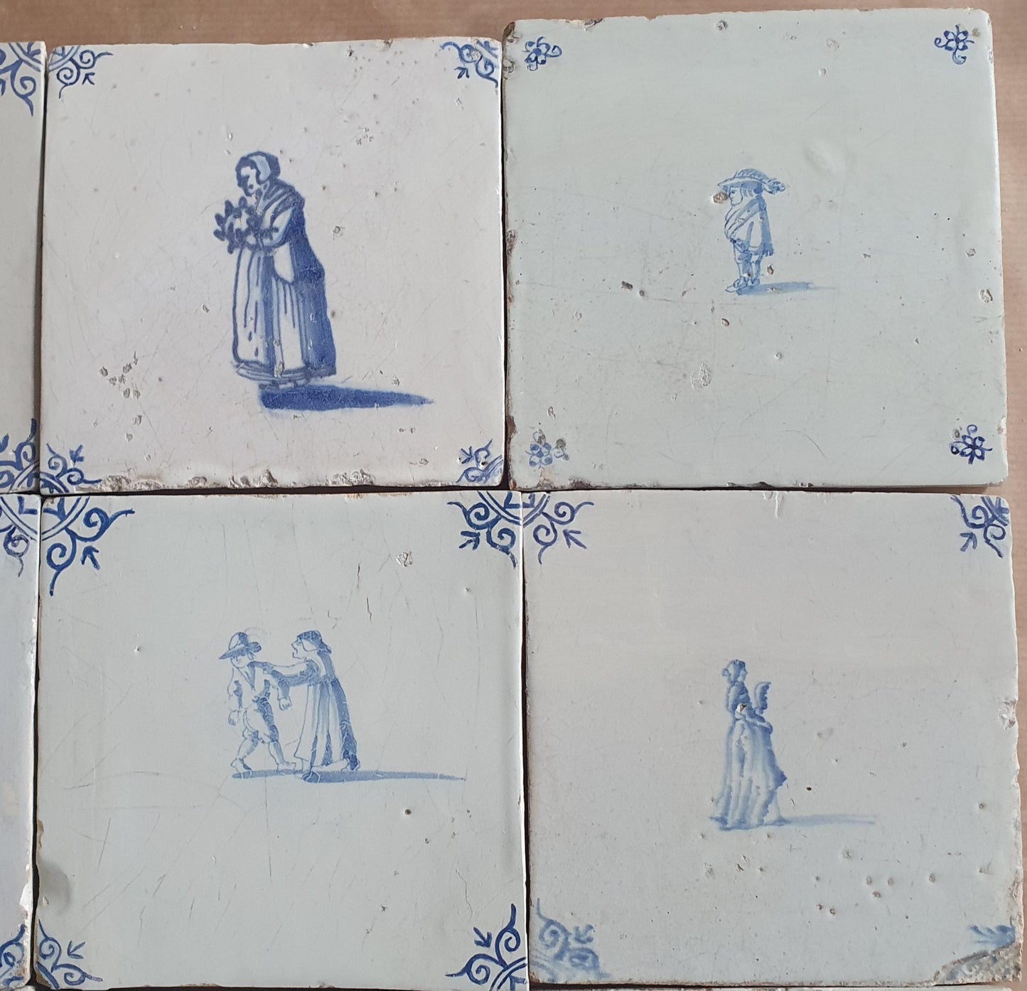 9 x Antique Delft tiles with People , tilepanel 17th Century Dutch Wall Decor,