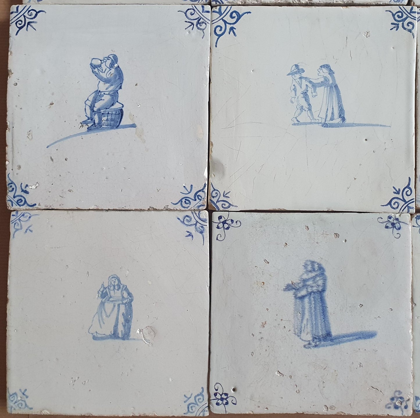 9 x Antique Delft tiles with People , tilepanel 17th Century Dutch Wall Decor,