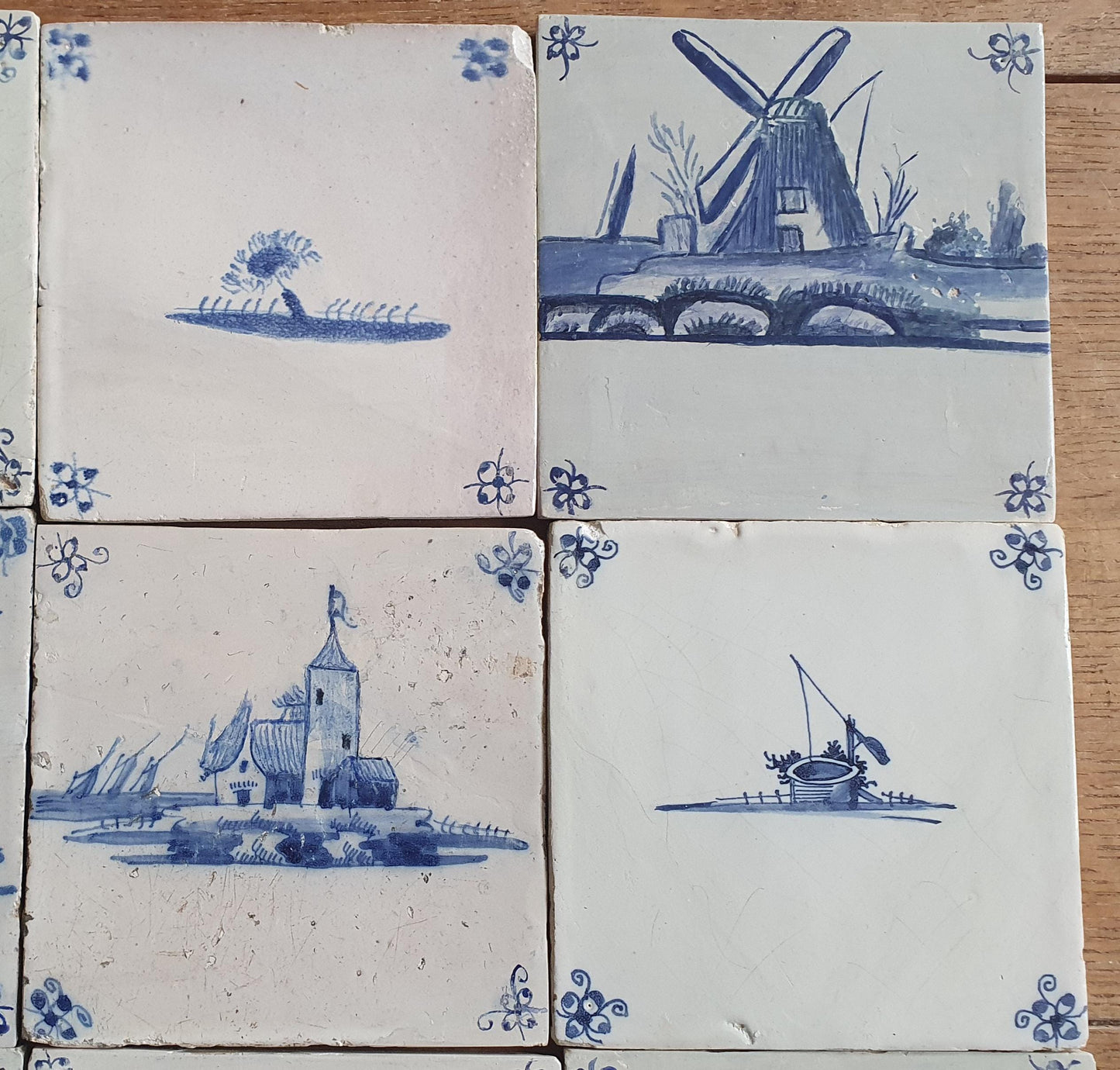9 x Antique Delft landscape Tiles, tilepanel 17th Century Dutch Wall Decor.