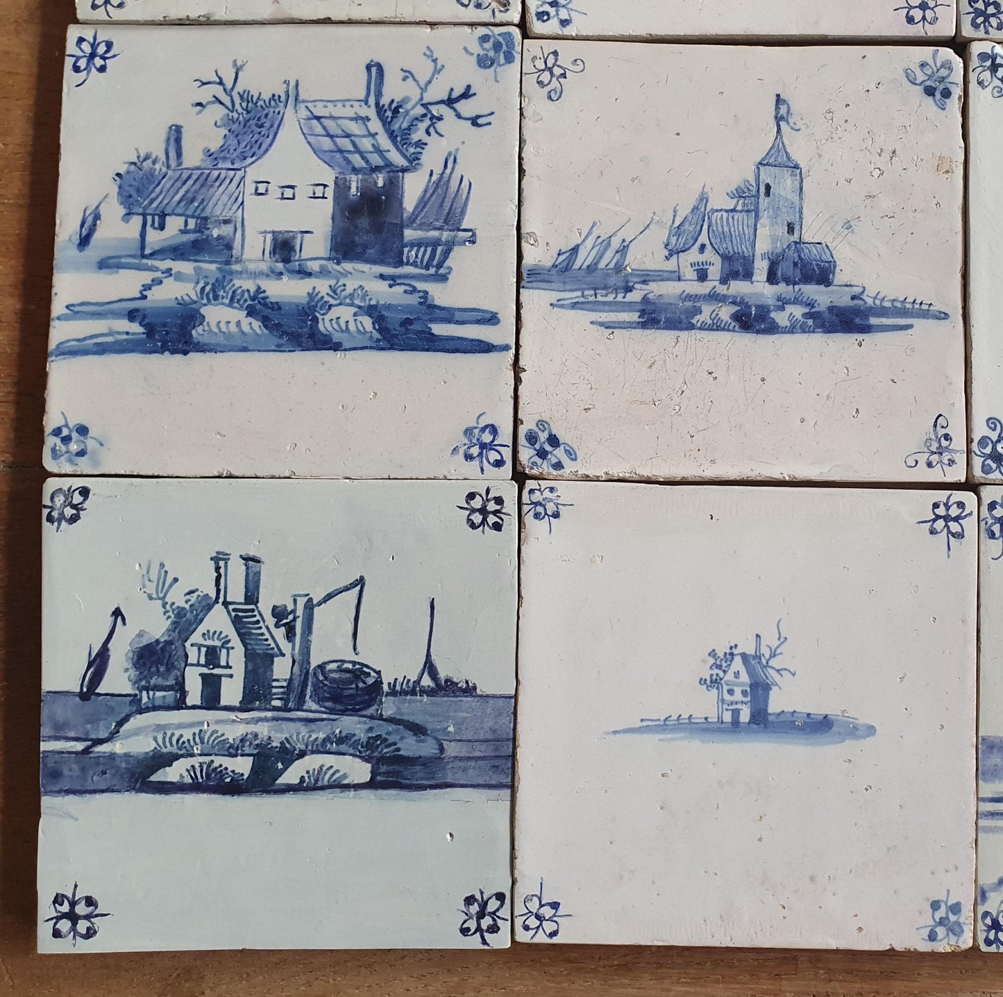 9 x Antique Delft landscape Tiles, tilepanel 17th Century Dutch Wall Decor.