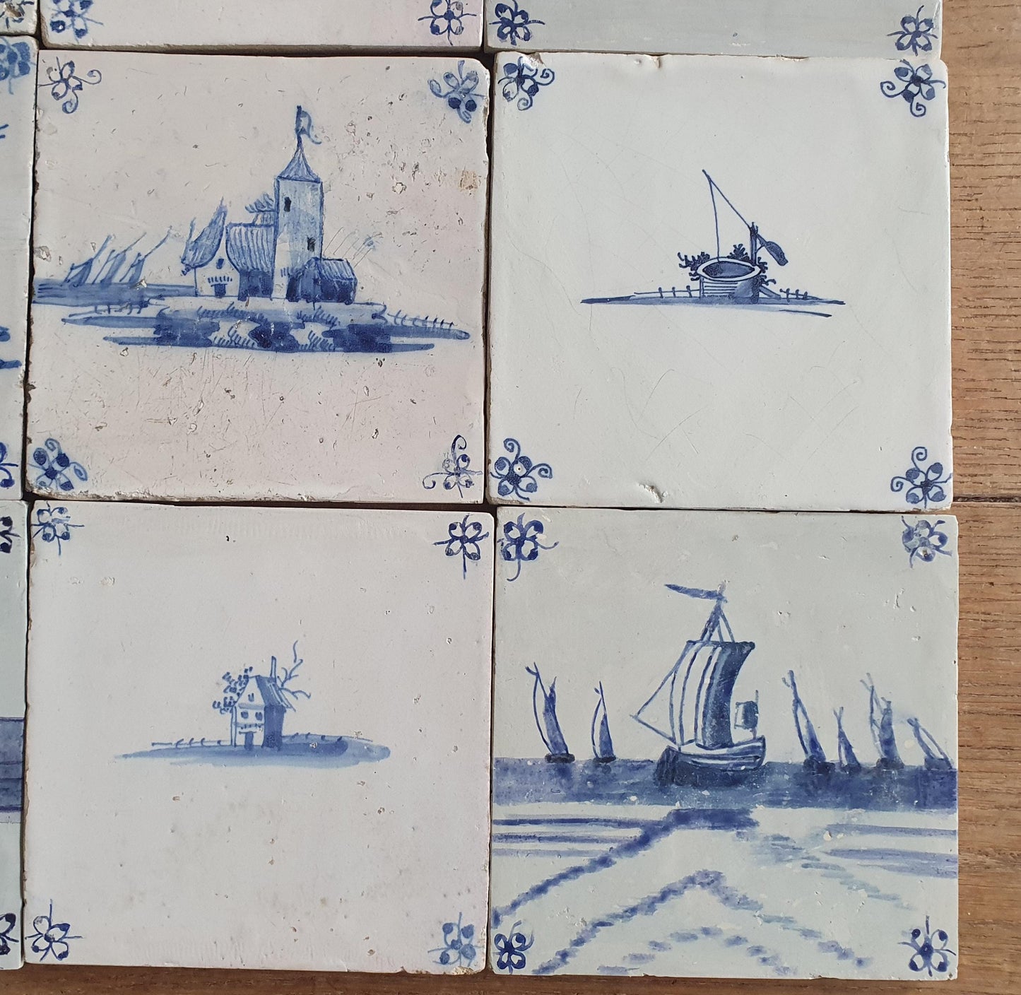 9 x Antique Delft landscape Tiles, tilepanel 17th Century Dutch Wall Decor.