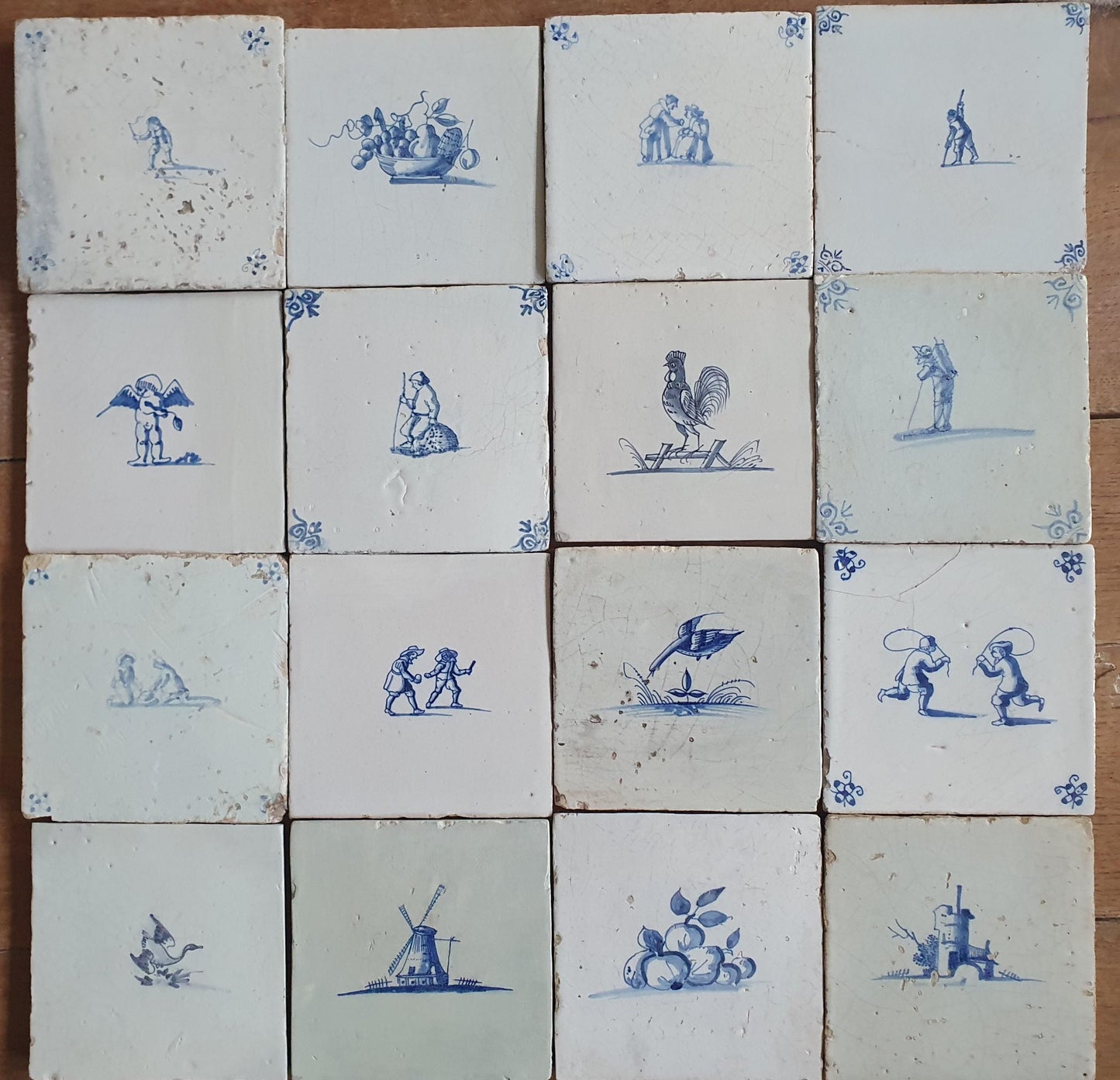 16 x Antique Delft tiles, 17th Century Dutch Wall Decor,
