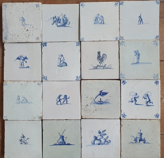 16 x Antique Delft tiles, 17th Century Dutch Wall Decor,