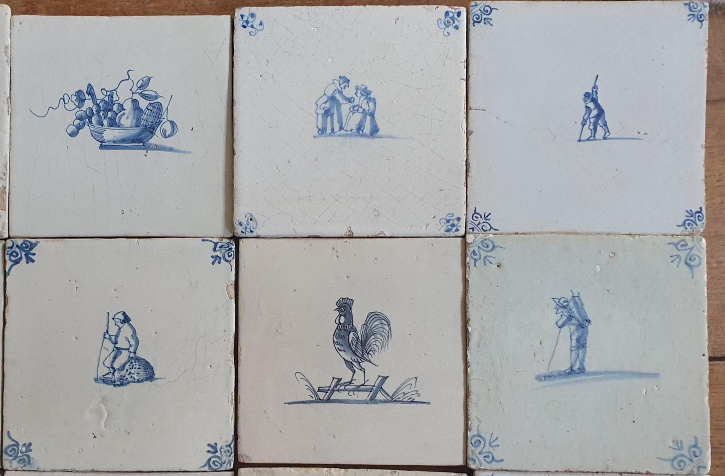 16 x Antique Delft tiles, 17th Century Dutch Wall Decor,
