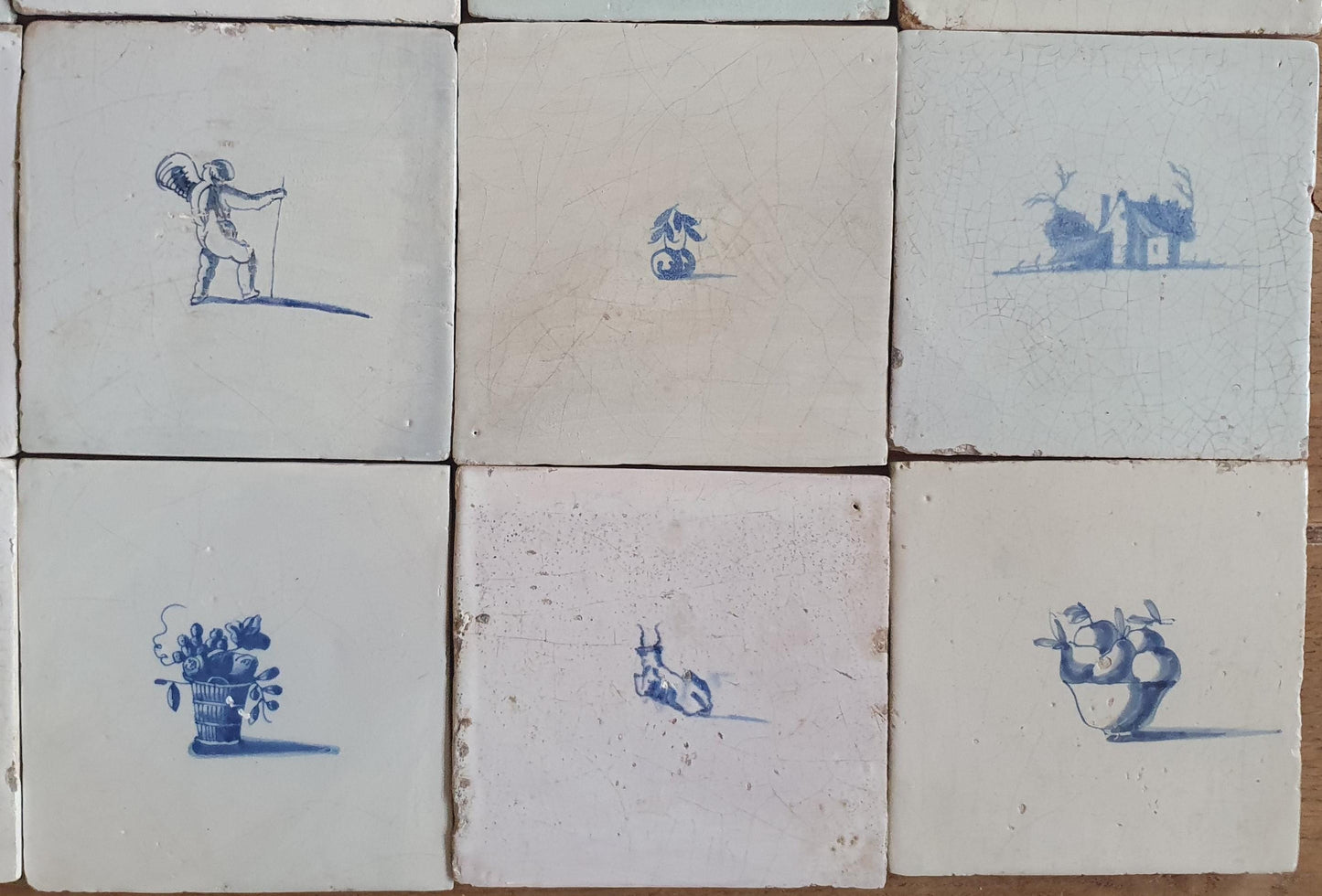 16 x Antique Delft tiles, tilepanel 17th Century Dutch Wall Decor,