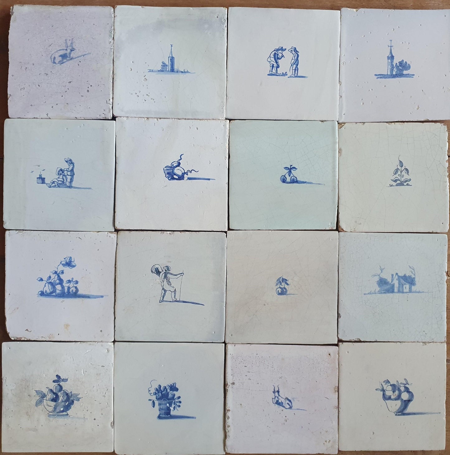 16 x Antique Delft tiles, tilepanel 17th Century Dutch Wall Decor,
