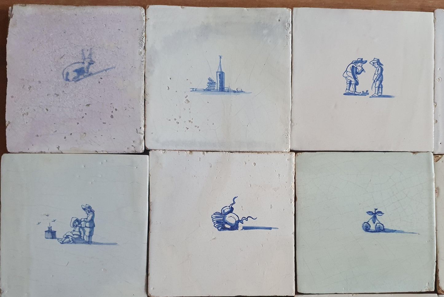 16 x Antique Delft tiles, tilepanel 17th Century Dutch Wall Decor,