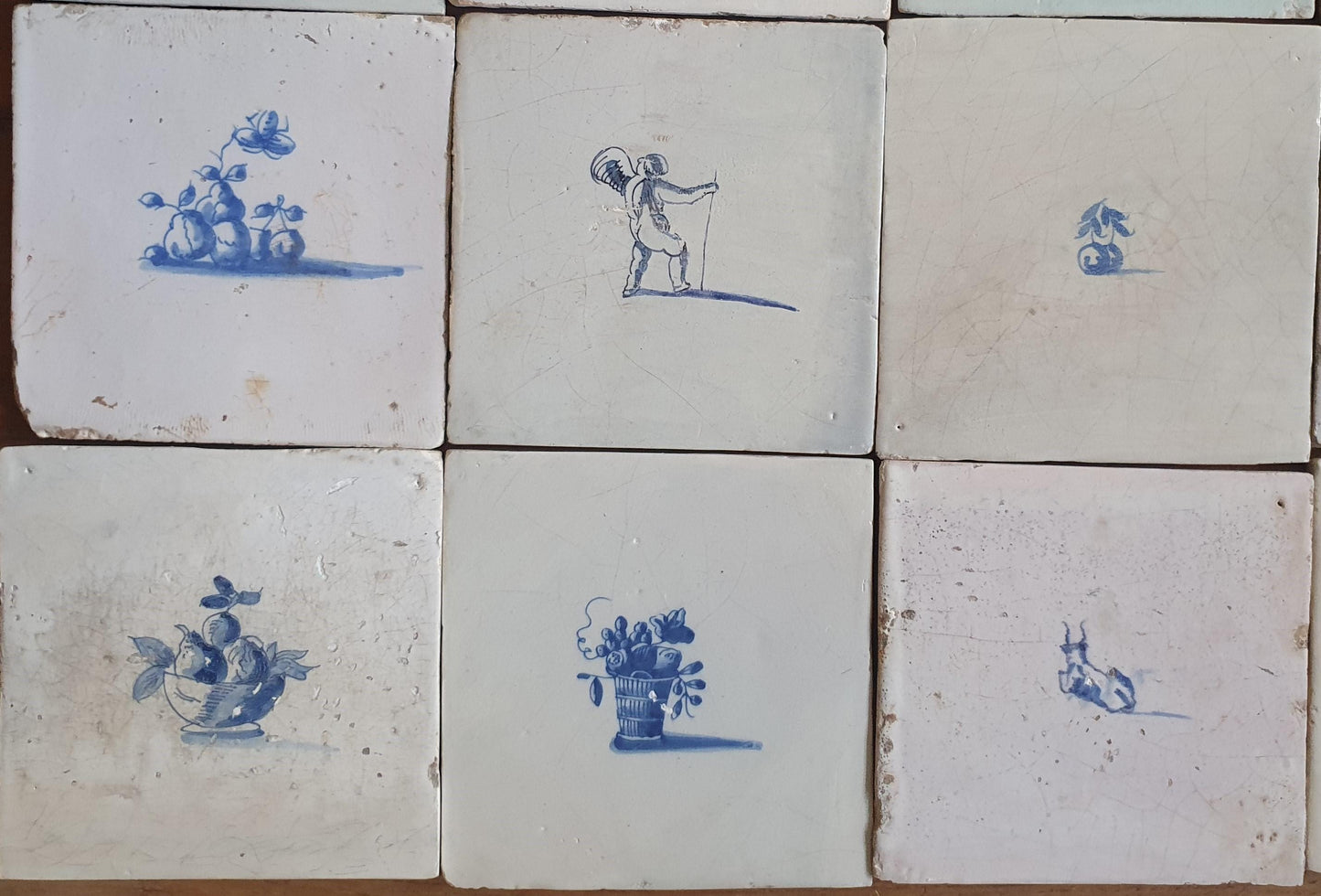 16 x Antique Delft tiles, tilepanel 17th Century Dutch Wall Decor,