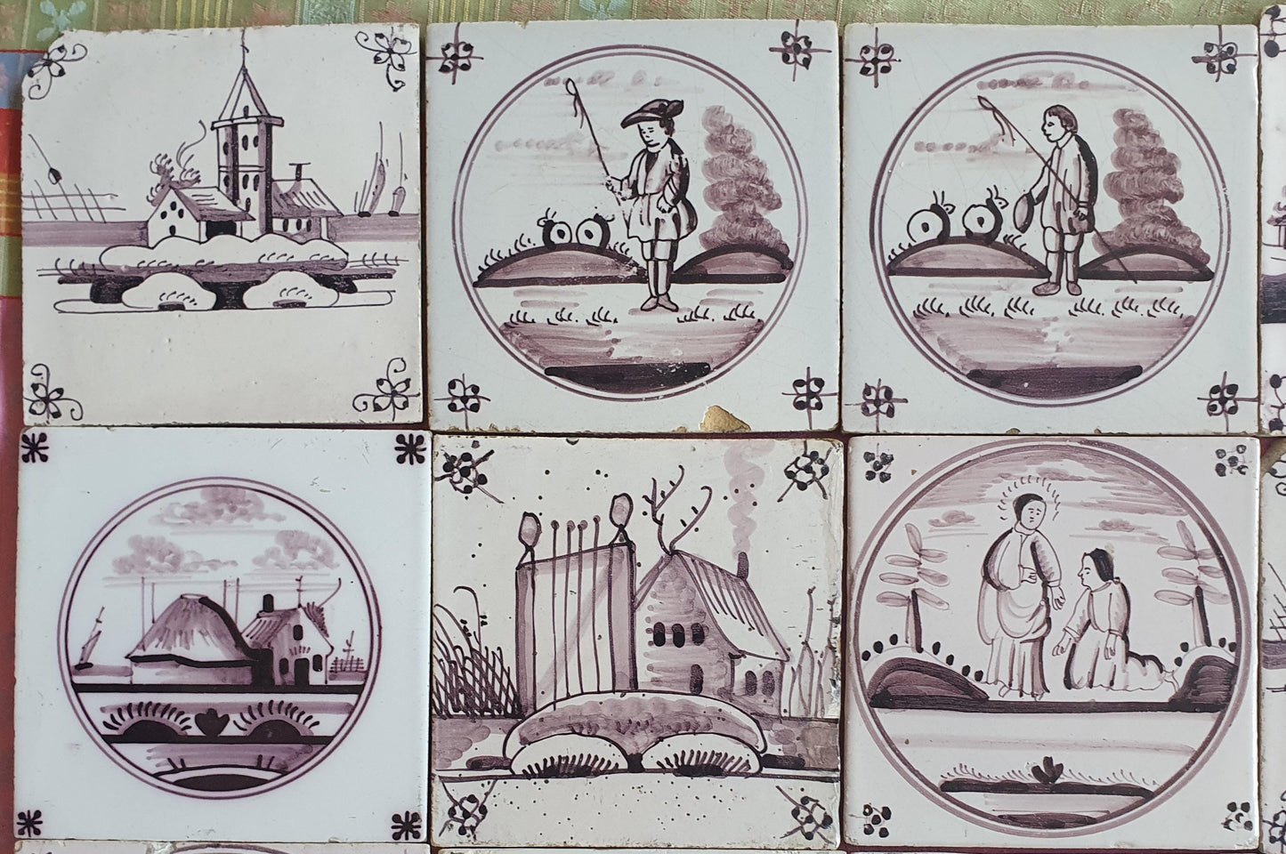 16 x Dutch Delft Mangaan Tiles, Landschape, 19th century, antique collectable and backsplash fireplace kitchen tiles