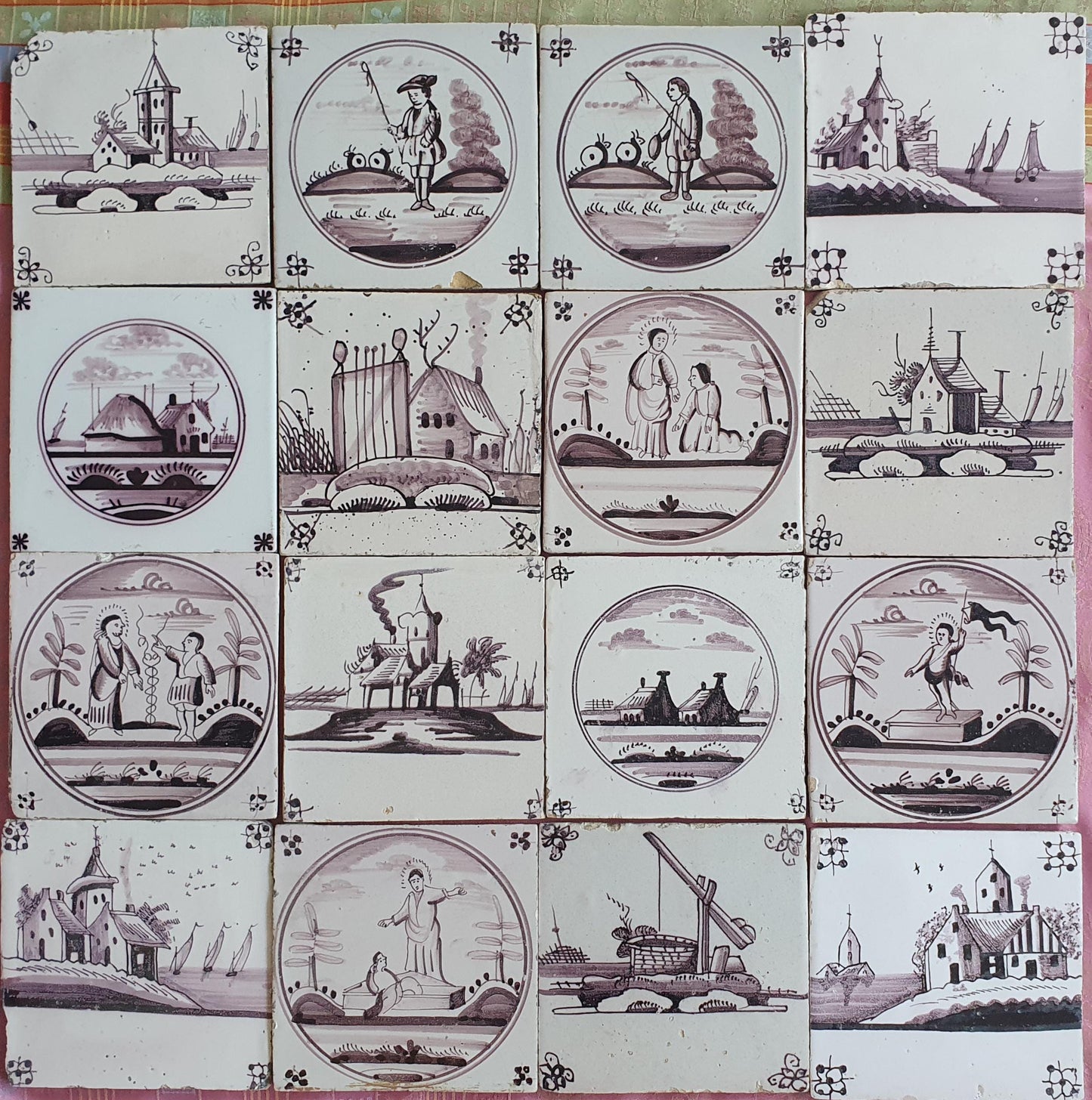 16 x Dutch Delft Mangaan Tiles, Landschape, 19th century, antique collectable and backsplash fireplace kitchen tiles