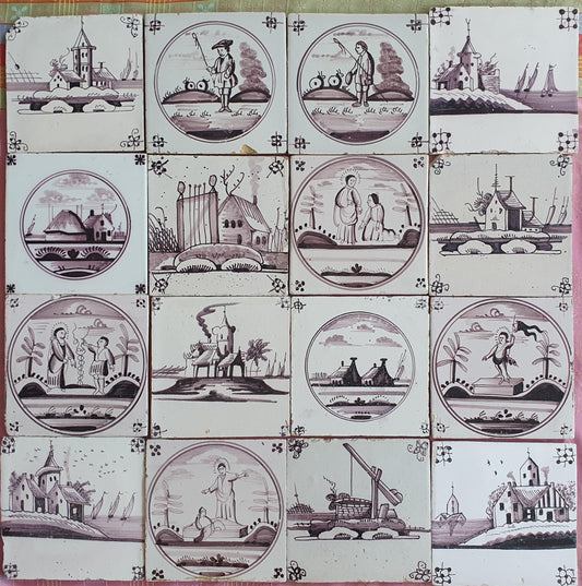 16 x Dutch Delft Mangaan Tiles, Landschape, 19th century, antique collectable and backsplash fireplace kitchen tiles