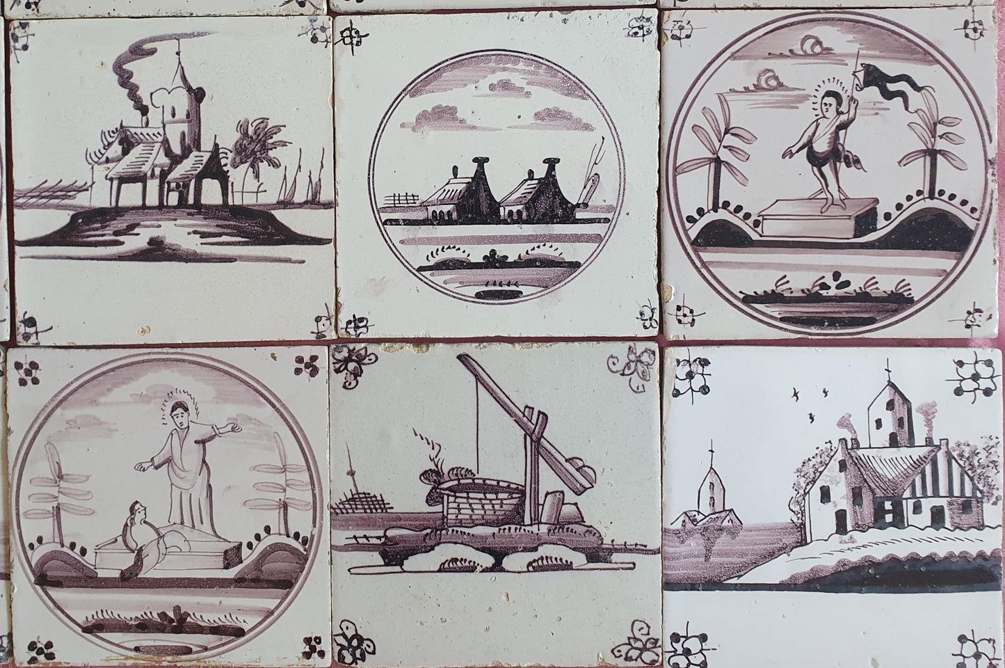 16 x Dutch Delft Mangaan Tiles, Landschape, 19th century, antique collectable and backsplash fireplace kitchen tiles