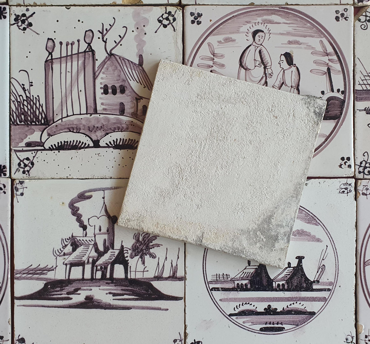 16 x Dutch Delft Mangaan Tiles, Landschape, 19th century, antique collectable and backsplash fireplace kitchen tiles