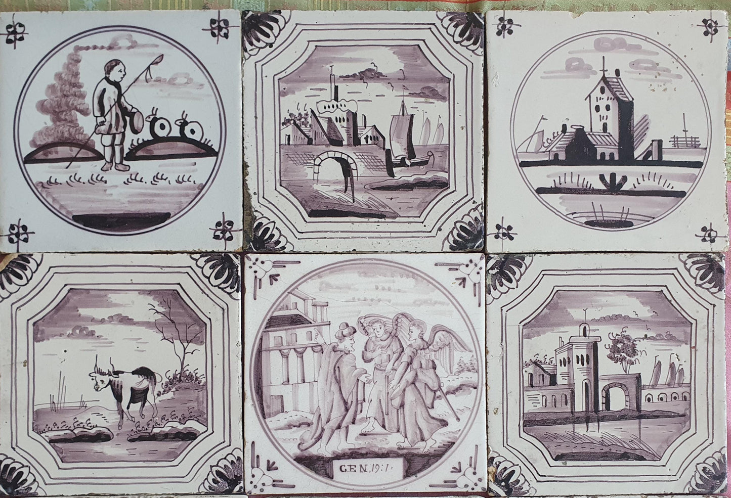 16 x Dutch Delft Mangaan Tiles, Landschape, 19th century, antique collectable and backsplash fireplace kitchen tiles
