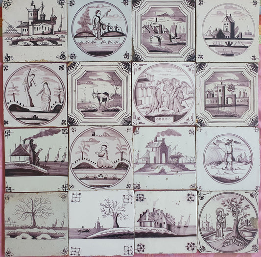 16 x Dutch Delft Mangaan Tiles, Landschape, 19th century, antique collectable and backsplash fireplace kitchen tiles