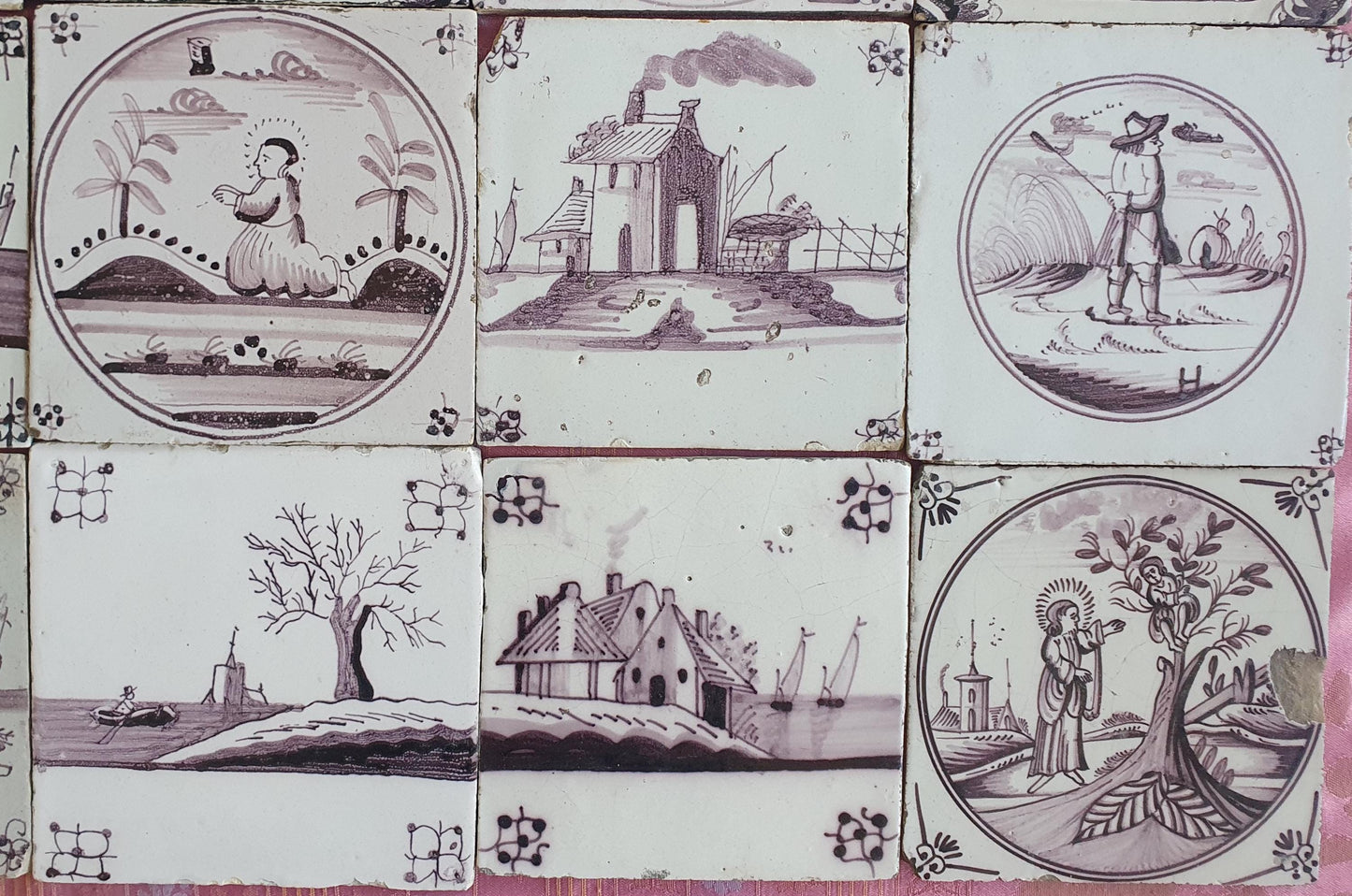 16 x Dutch Delft Mangaan Tiles, Landschape, 19th century, antique collectable and backsplash fireplace kitchen tiles