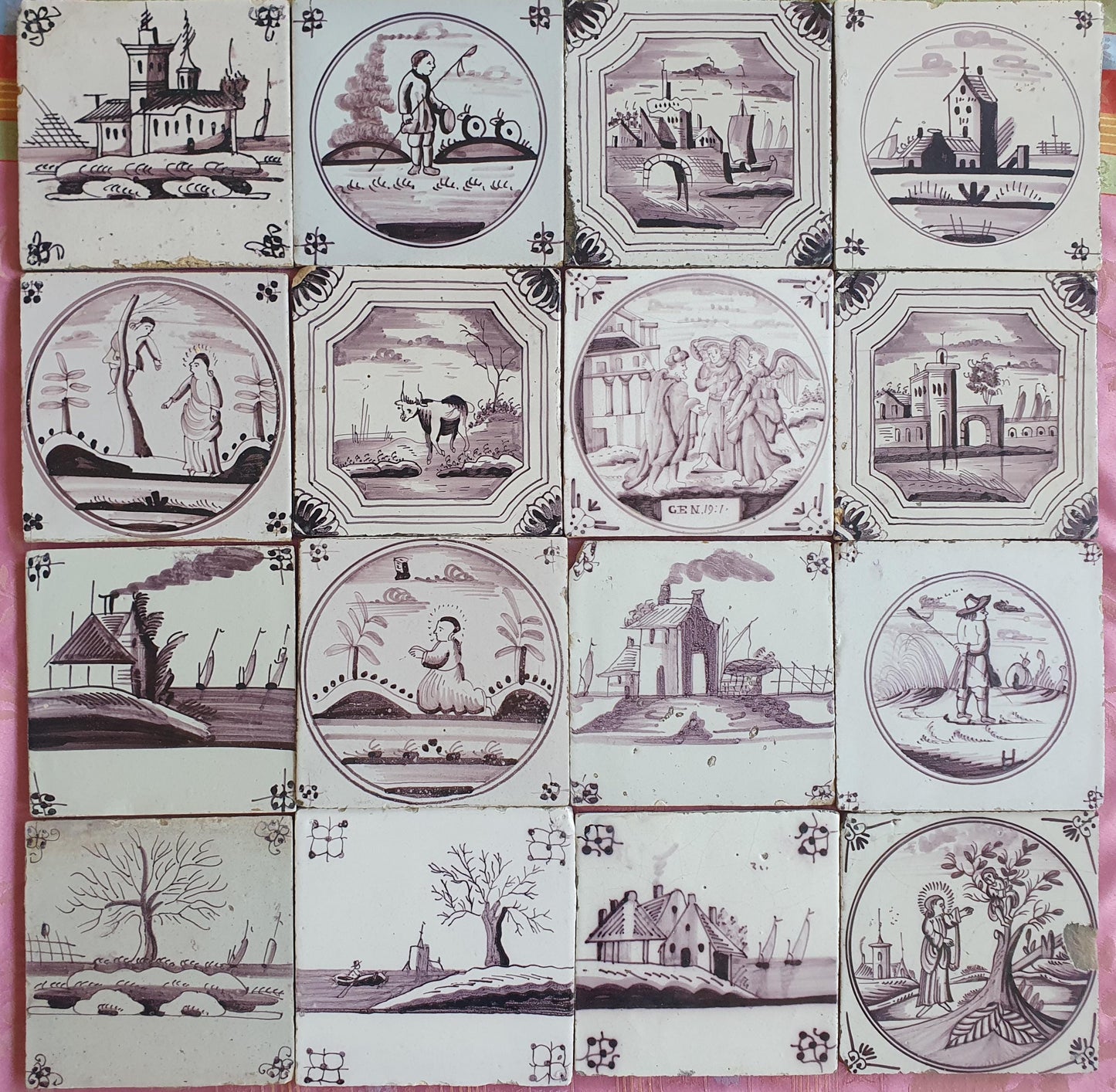 16 x Dutch Delft Mangaan Tiles, Landschape, 19th century, antique collectable and backsplash fireplace kitchen tiles