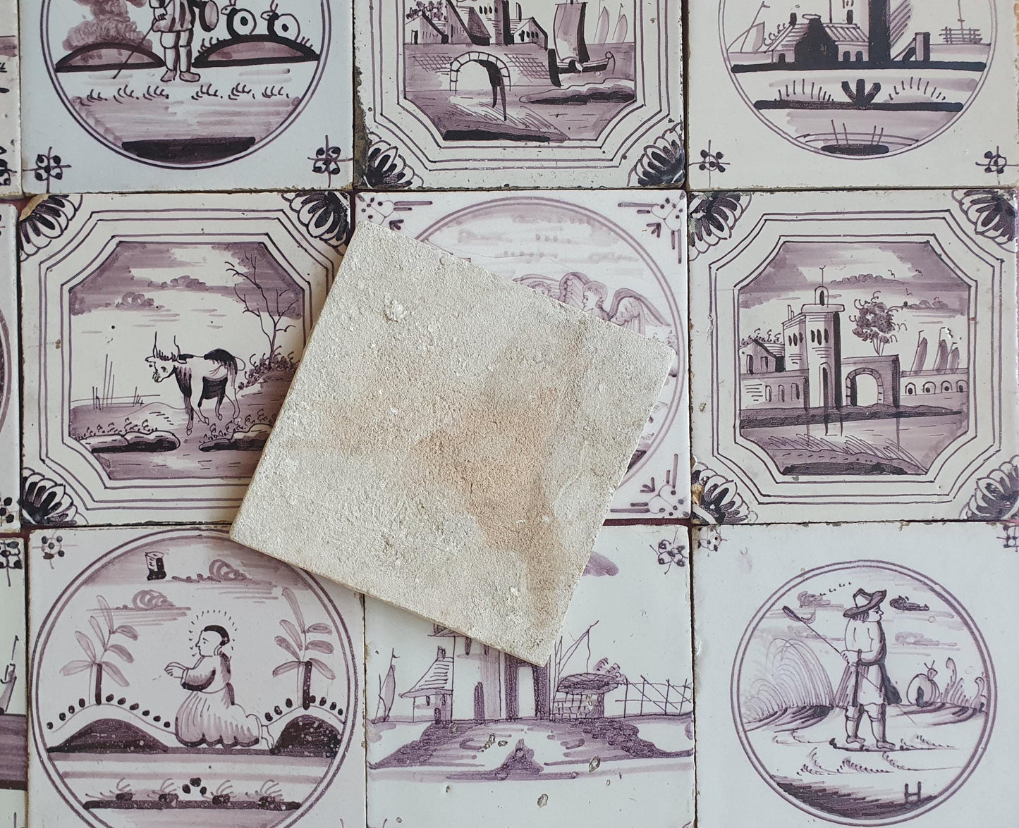 16 x Dutch Delft Mangaan Tiles, Landschape, 19th century, antique collectable and backsplash fireplace kitchen tiles
