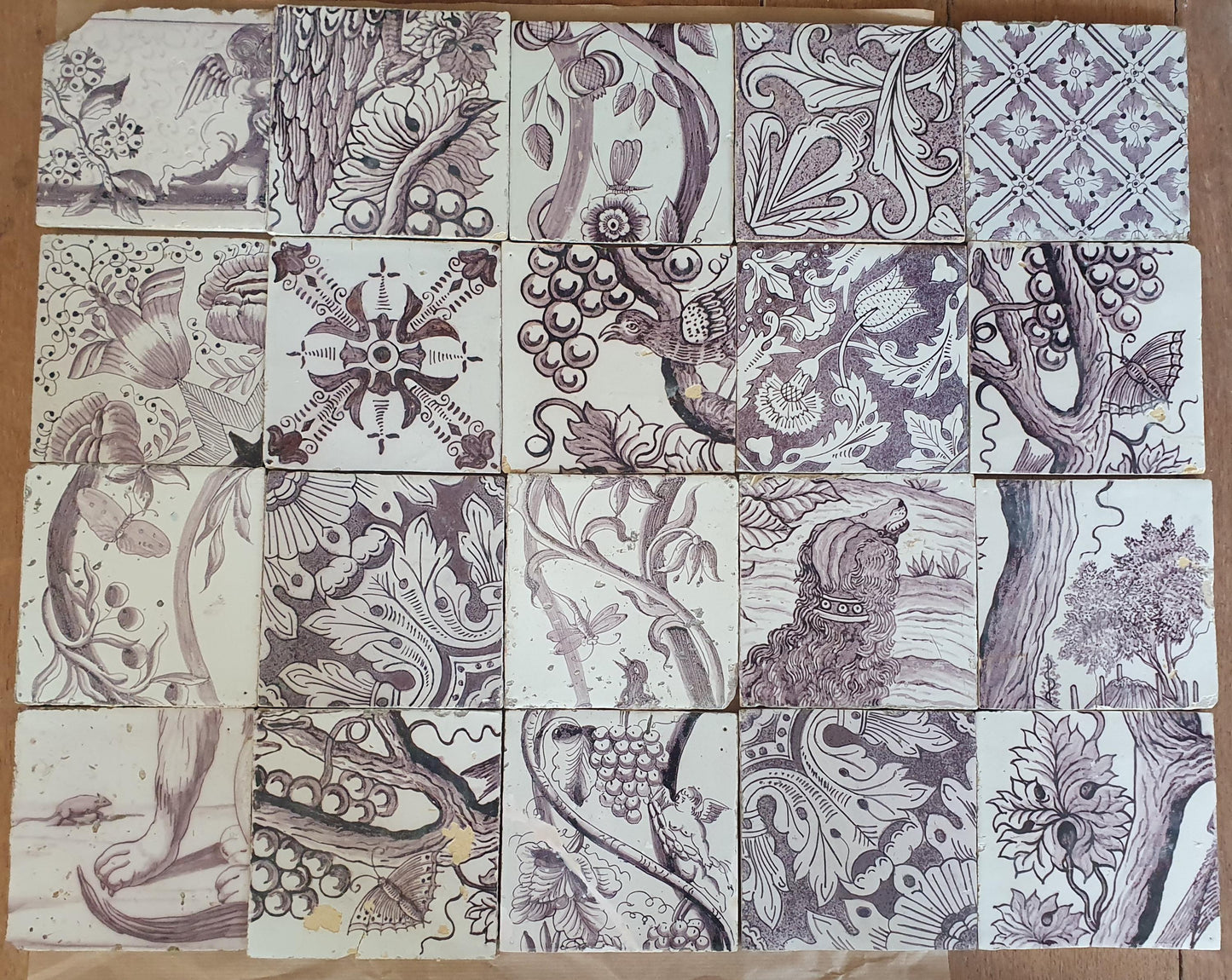20 x Dutch Delft Mangaan Tiles, Mix, 19th century, tilepanel antique collectable and backsplash fireplace kitchen tiles