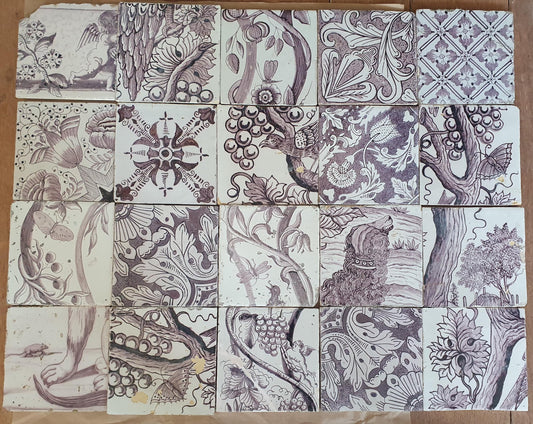 20 x Dutch Delft Mangaan Tiles, Mix, 19th century, tilepanel antique collectable and backsplash fireplace kitchen tiles