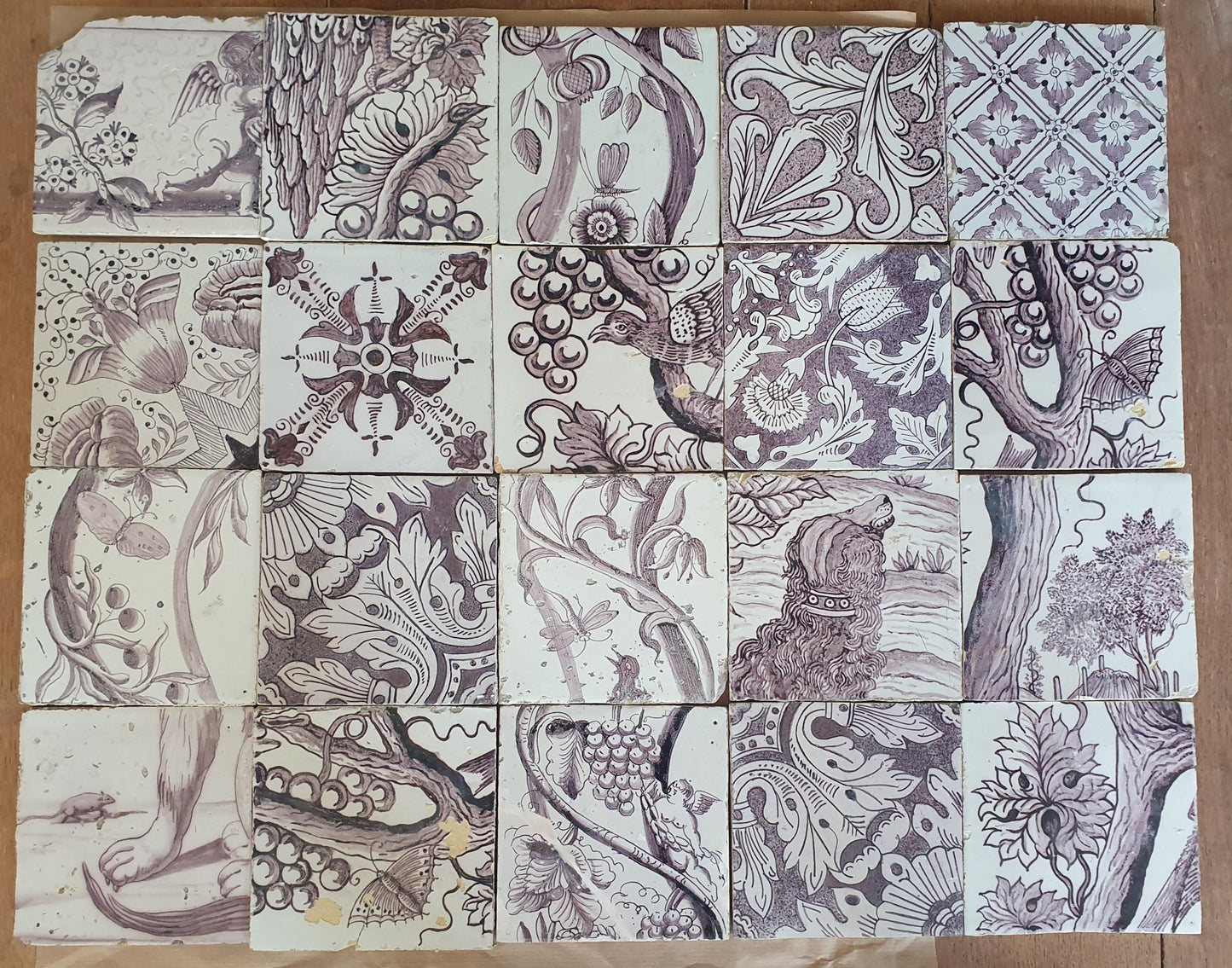 20 x Dutch Delft Mangaan Tiles, Mix, 19th century, tilepanel antique collectable and backsplash fireplace kitchen tiles