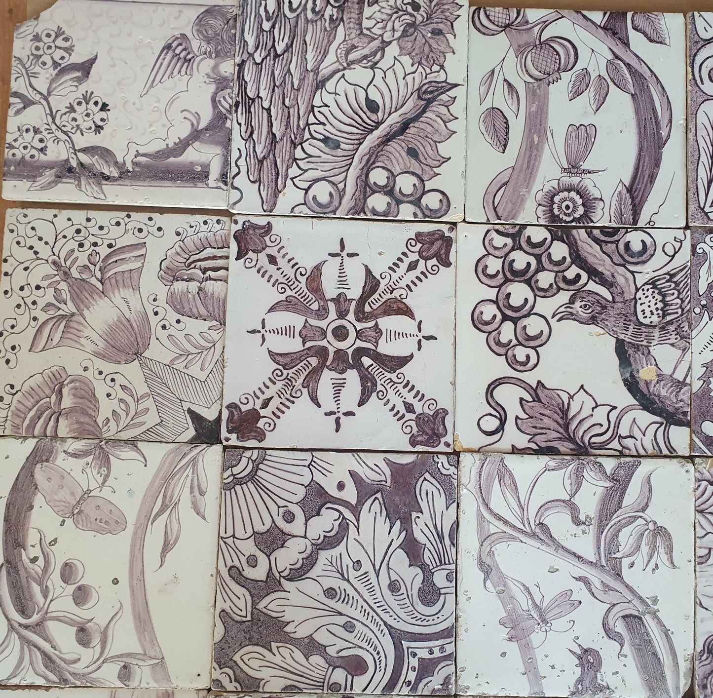 20 x Dutch Delft Mangaan Tiles, Mix, 19th century, tilepanel antique collectable and backsplash fireplace kitchen tiles