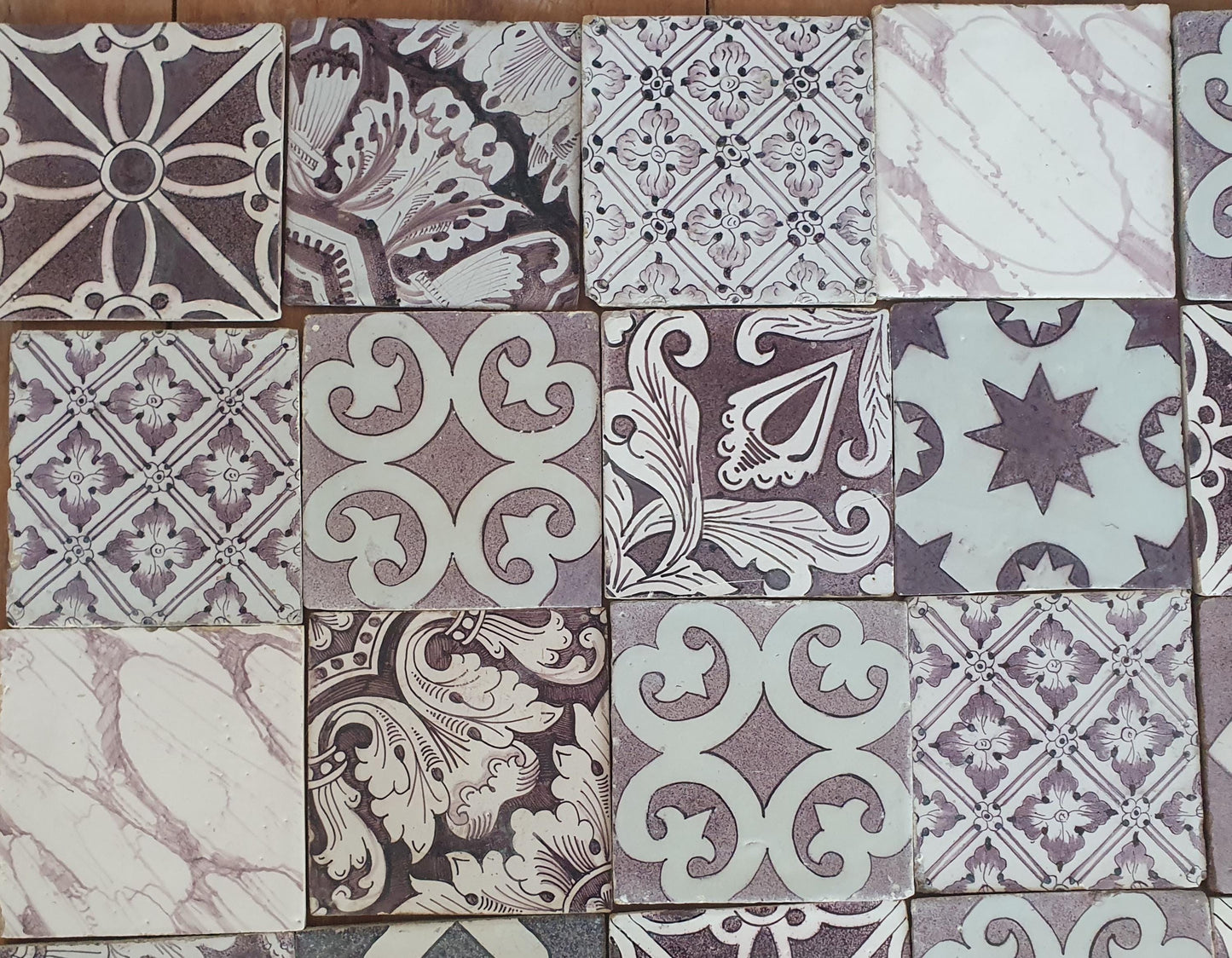 30 x Dutch Delft Mangaan Tiles, Mix, 19th century, tilepanel  antique collectable and backsplash fireplace kitchen tiles