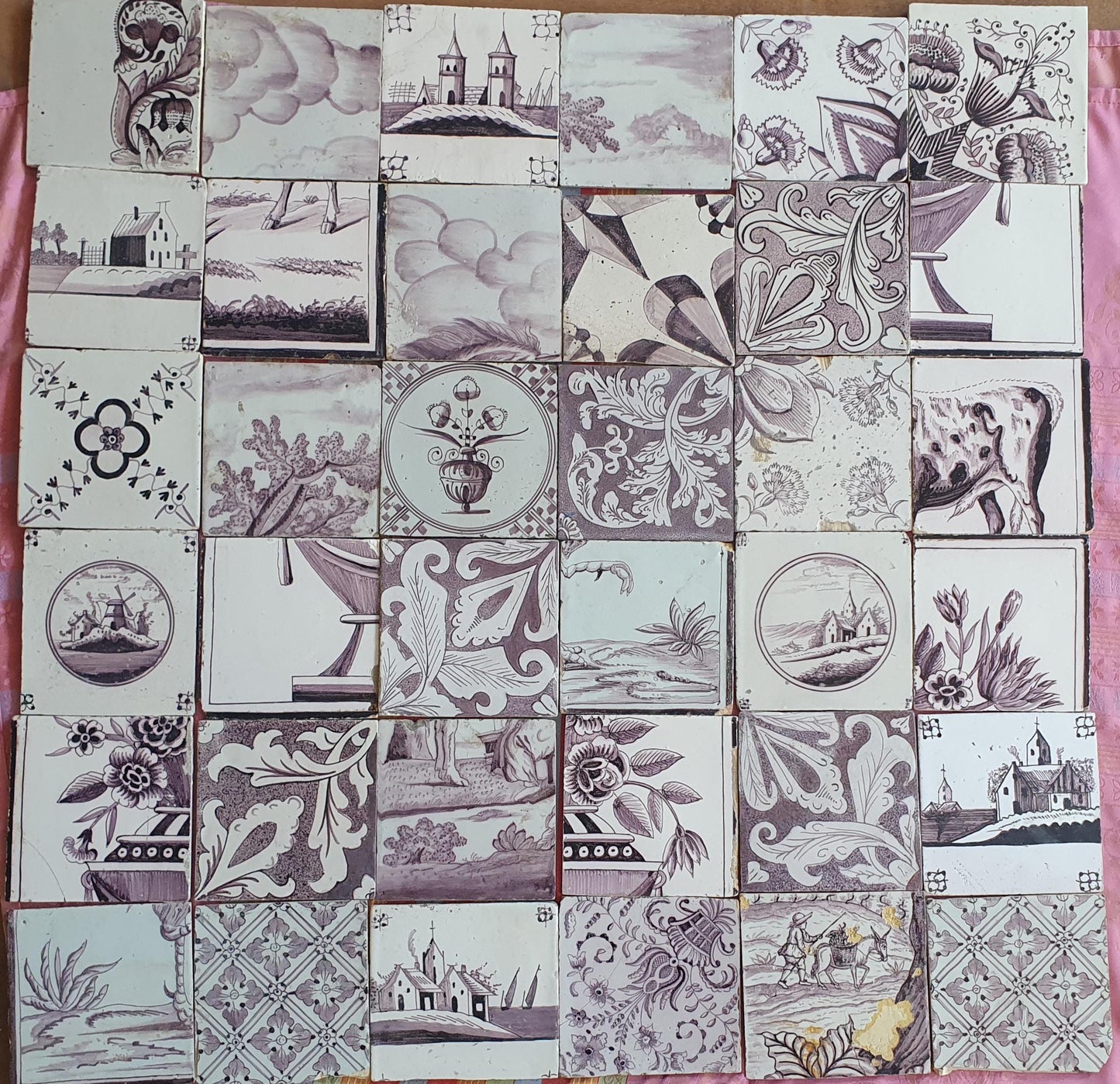 36 x Dutch Delft Mangaan Tiles, Mix, 19th century, tilepanel antique collectable and backsplash fireplace kitchen tiles