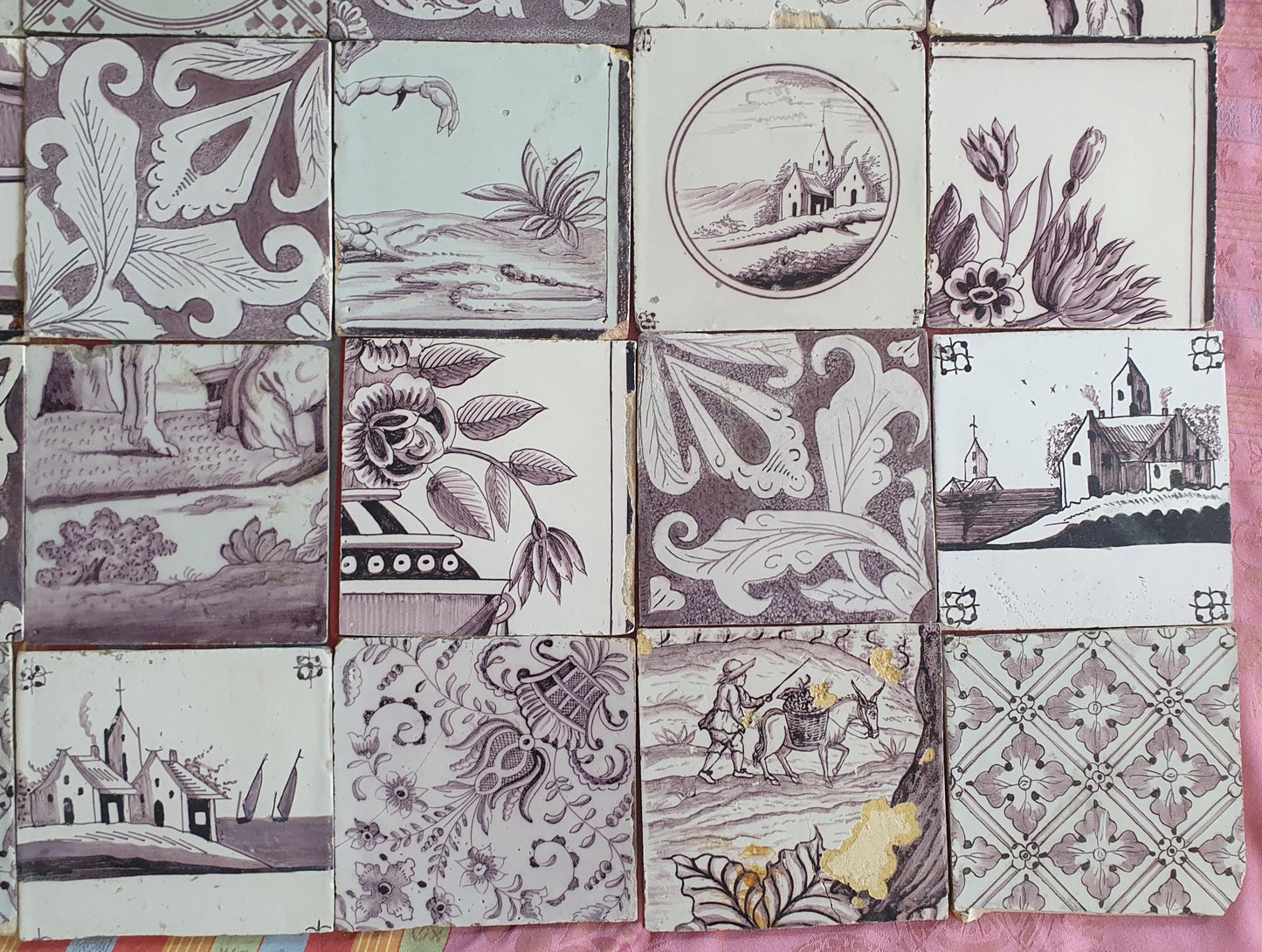 36 x Dutch Delft Mangaan Tiles, Mix, 19th century, tilepanel antique collectable and backsplash fireplace kitchen tiles
