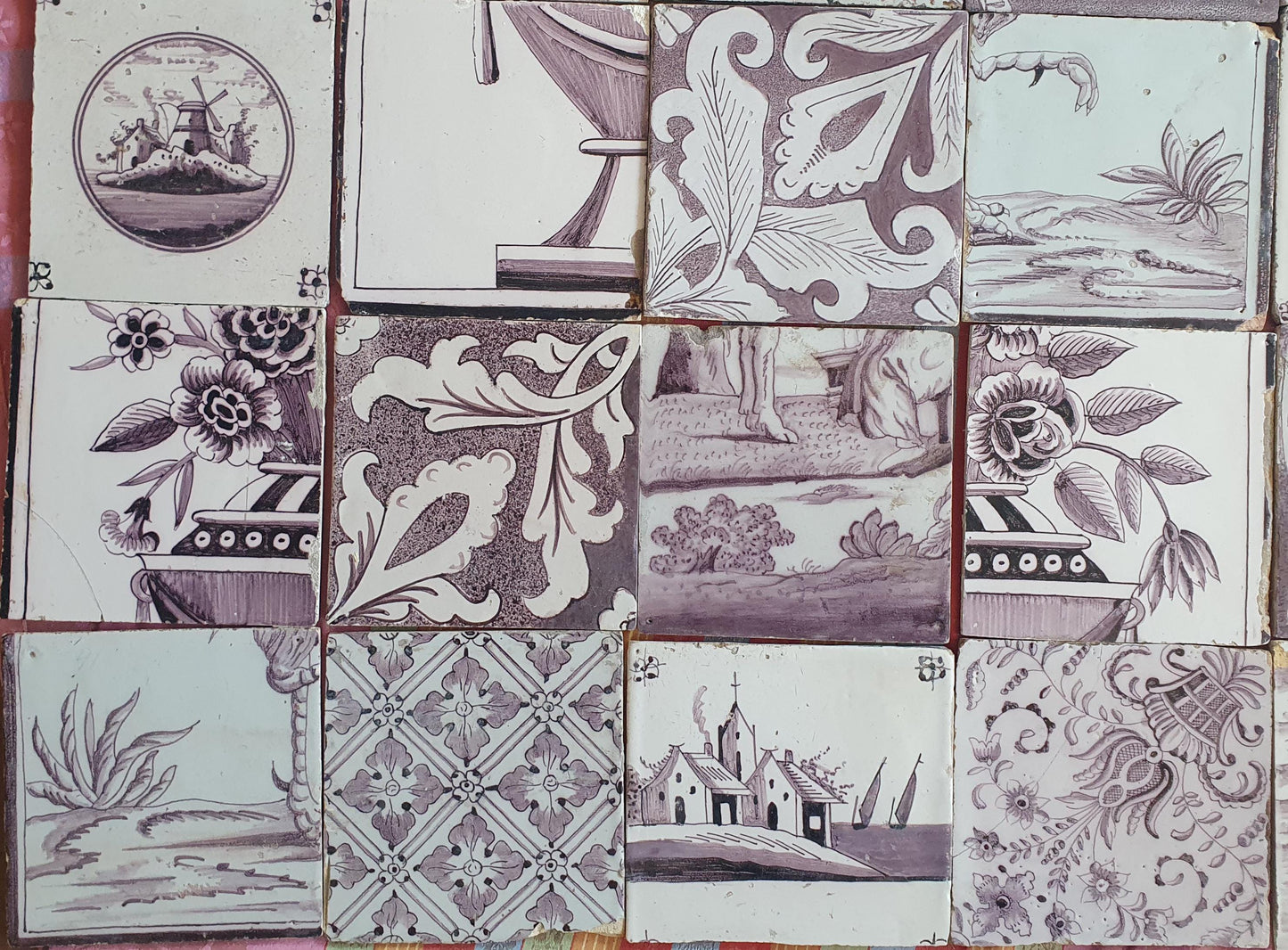 36 x Dutch Delft Mangaan Tiles, Mix, 19th century, tilepanel antique collectable and backsplash fireplace kitchen tiles